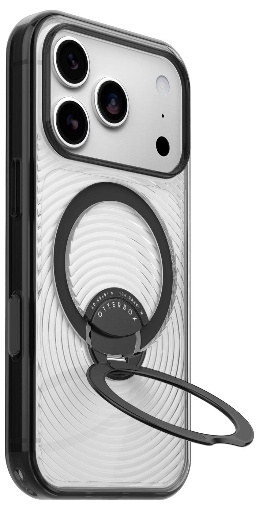 Durchsichtige Handyhülle mit integriertem MagSafe-Ringständer, gezeigt auf der Rückseite eines Smartphones.
