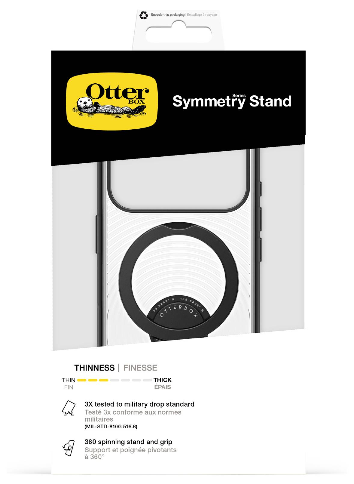 OtterBox Symmetry Series Stand Handyhülle Verpackung mit integriertem Ständer; Etiketten heben Dünnheit, 3x militärischer Sturzschutz und 360-Grad-Drehgriff hervor.