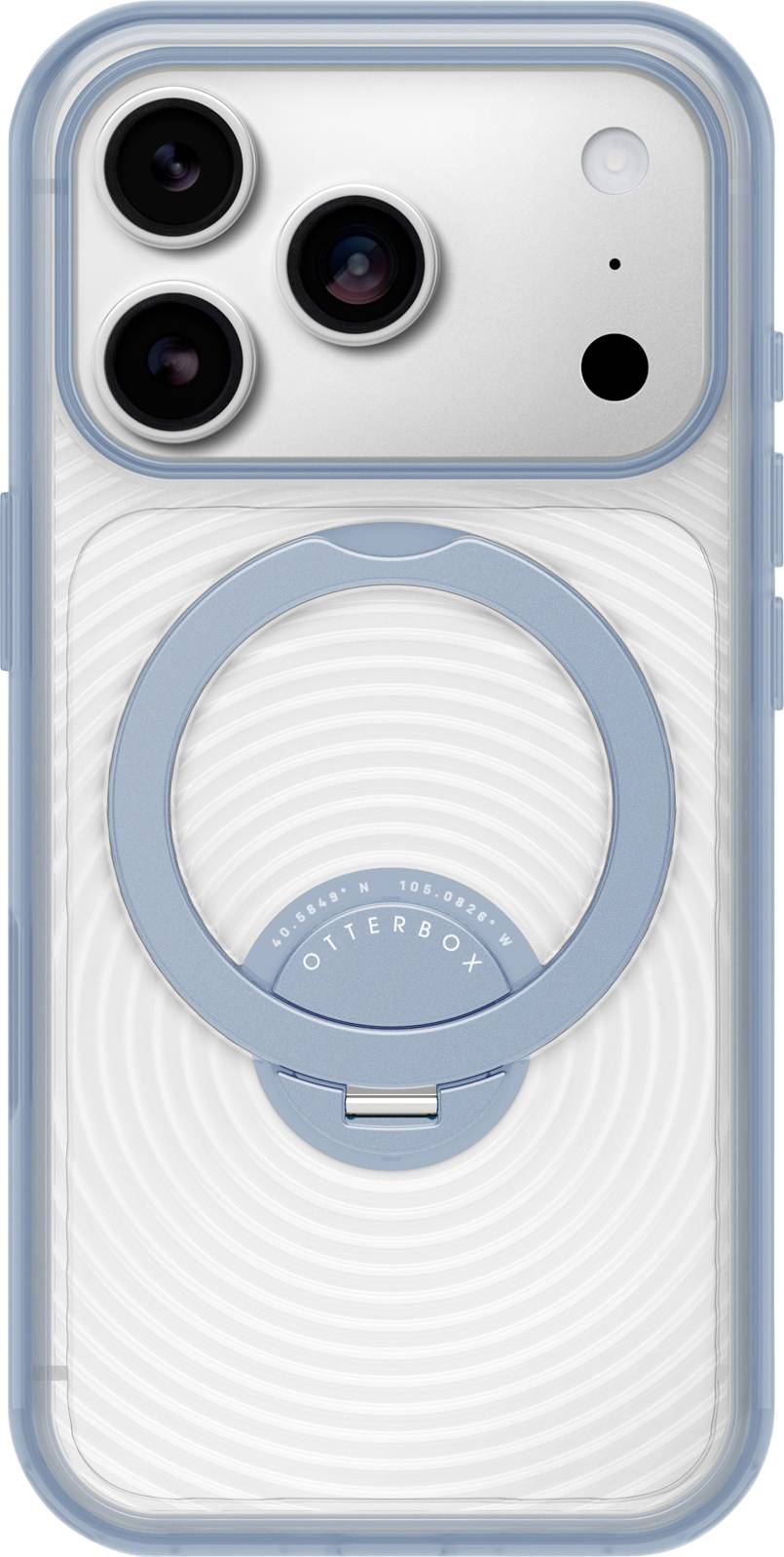 Weißes iPhone-Hülle mit hellblauem MagSafe-Ring und erhobenen Stoßkantenkanten, von hinten gezeigt.