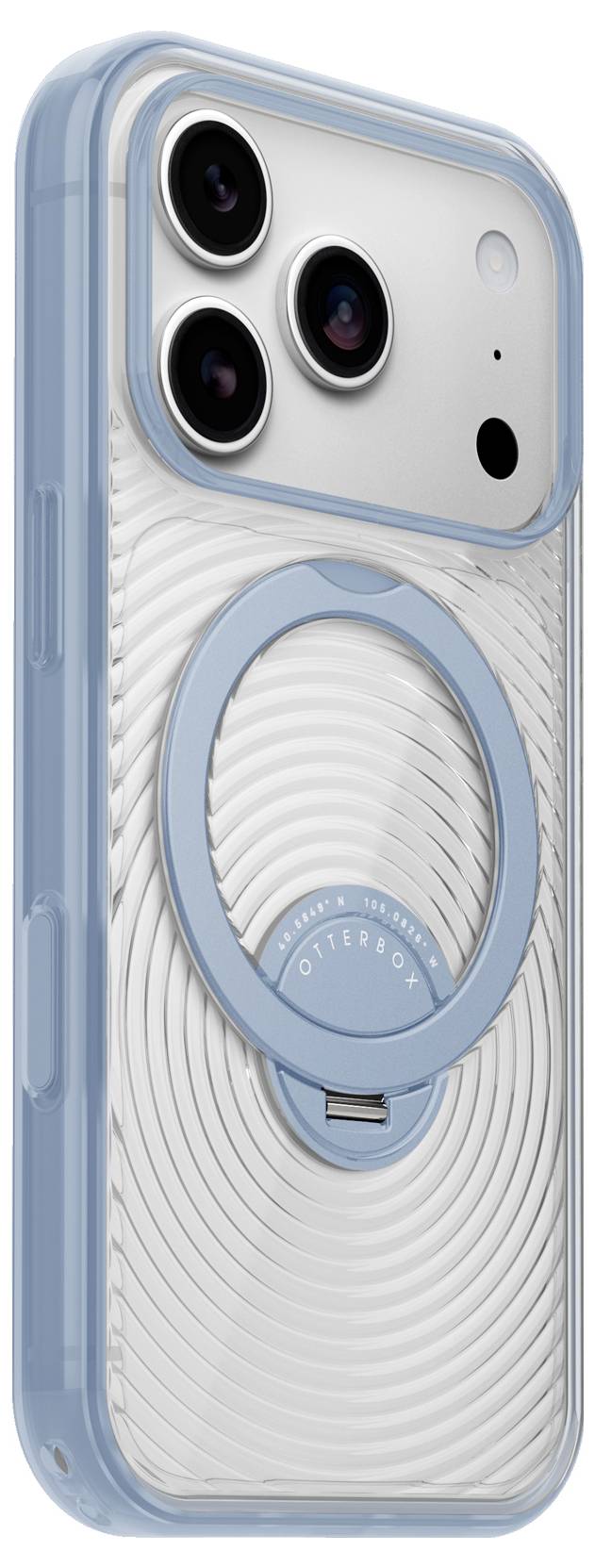 Durchsichtige Handyhülle mit einem hellblauen MagSafe-ähnlichen Ring und erhöhtem Triple-Kamera-Ausschnitt, von hinten gezeigt.