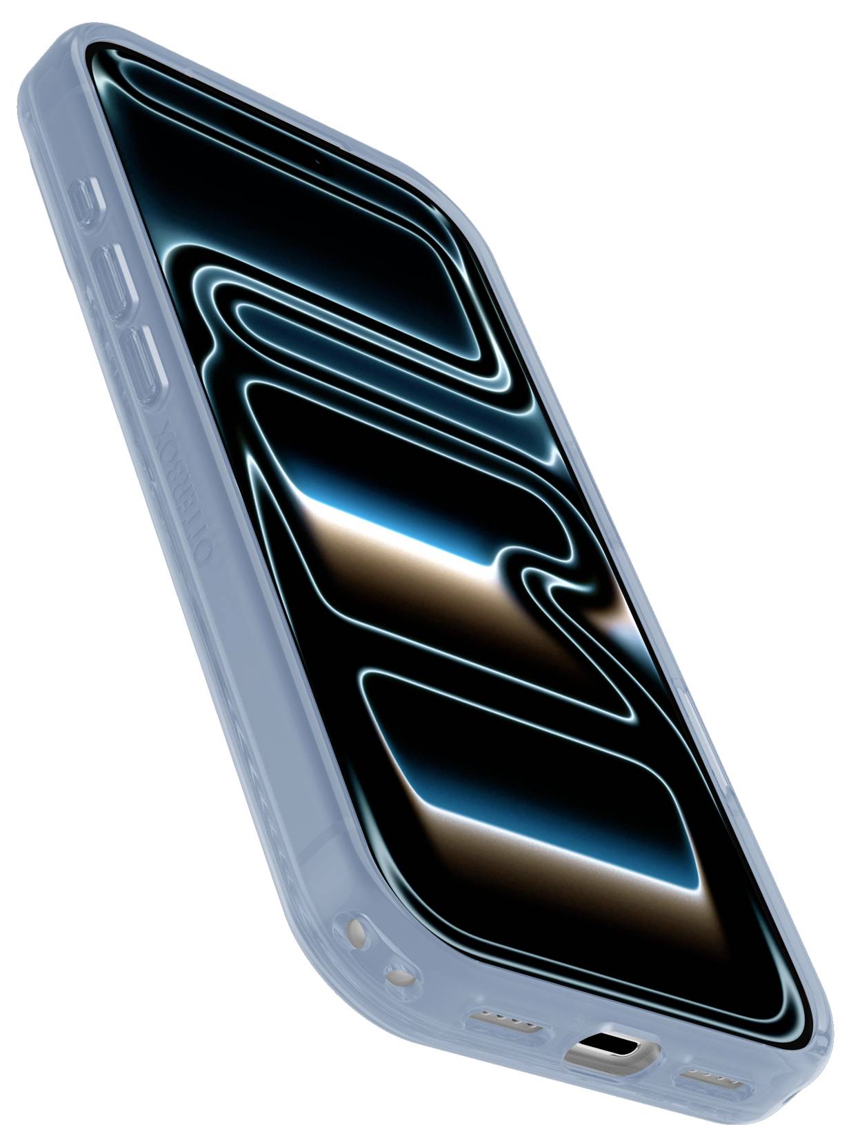 Ein blaues Smartphone, das in einem Winkel gezeigt wird, mit einem leuchtenden abstrakten Wellenmuster auf dem Bildschirm.