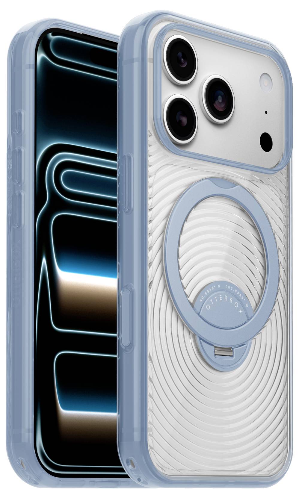Zwei iPhones in hellblauen Hüllen, eines mit Vorderseite und Bildschirm und eines mit weißer Rückseite mit dreifacher Kamera und MagSafe-Ring.