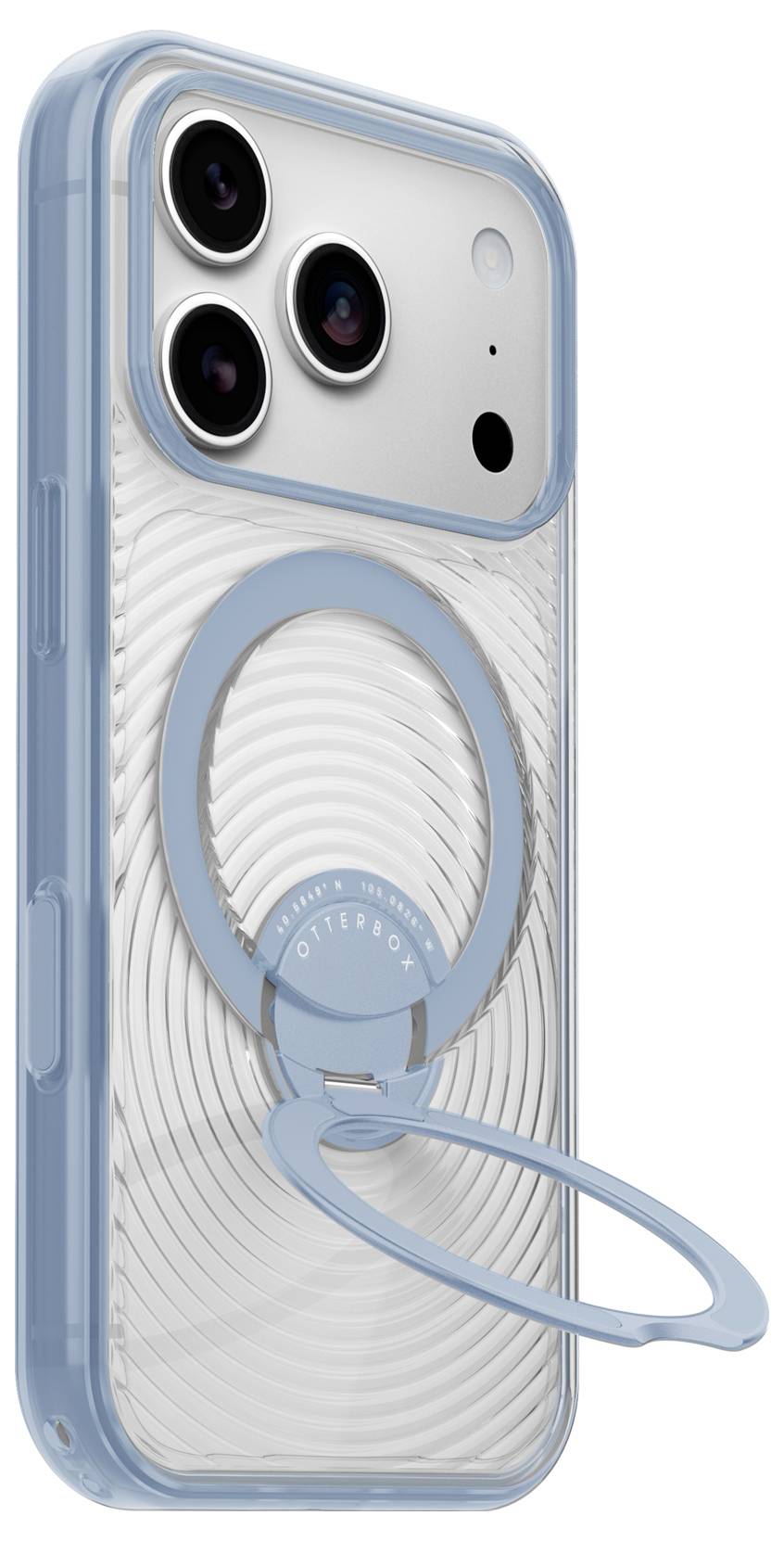 Transparente Handyhülle mit einem blauen kreisförmigen MagSafe-ähnlichen Ring und ausklappbarem Ständer, gezeigt auf der Rückseite eines iPhones mit Dreifachkamera.