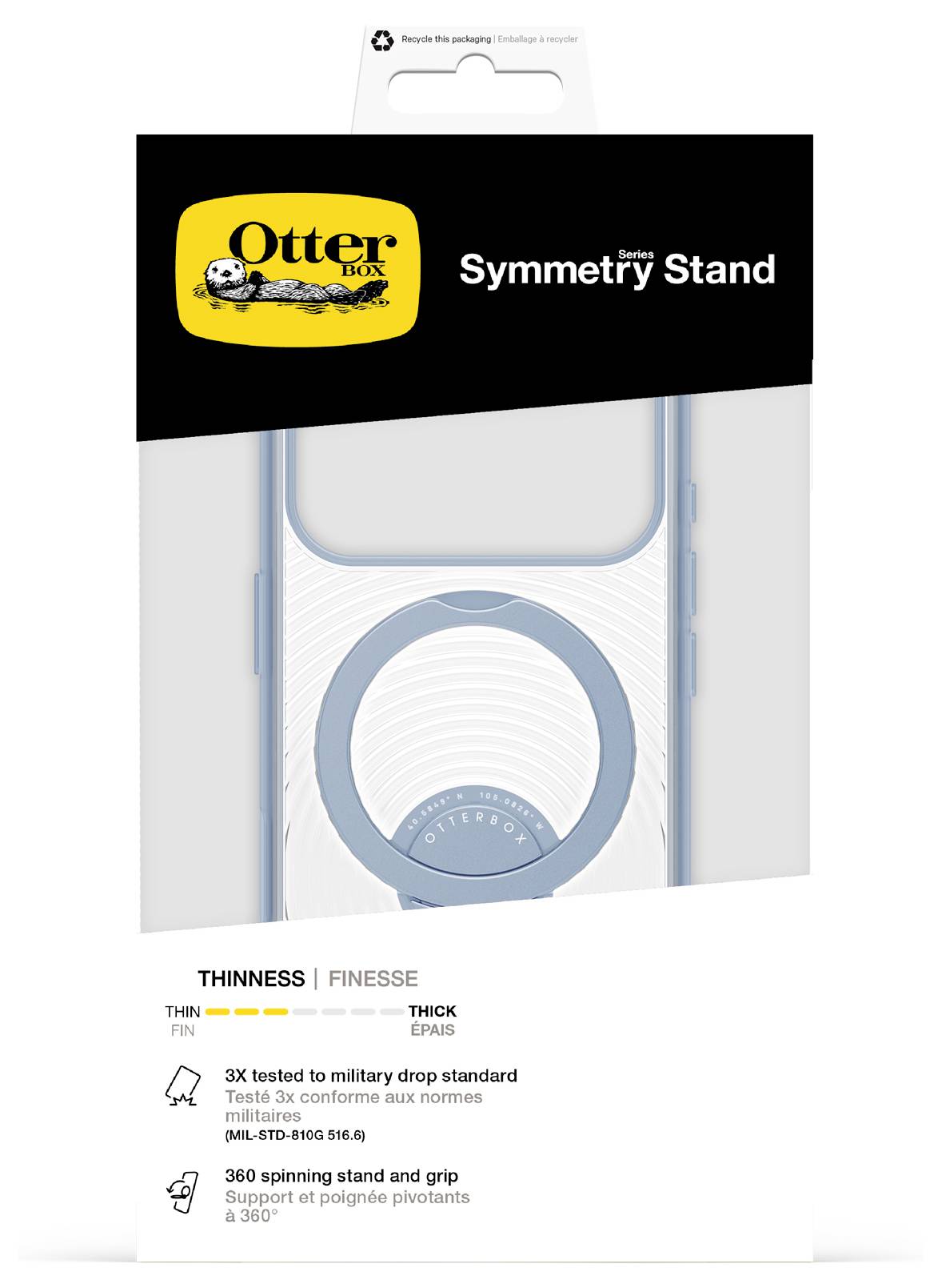 OtterBox Symmetry Stand Handyhüllenverpackung mit einer durchsichtigen Hülle mit integriertem Ständer und Text, der Dünnheit, Fallschutz, drehbaren Ständer und Griffigkeit hervorhebt.