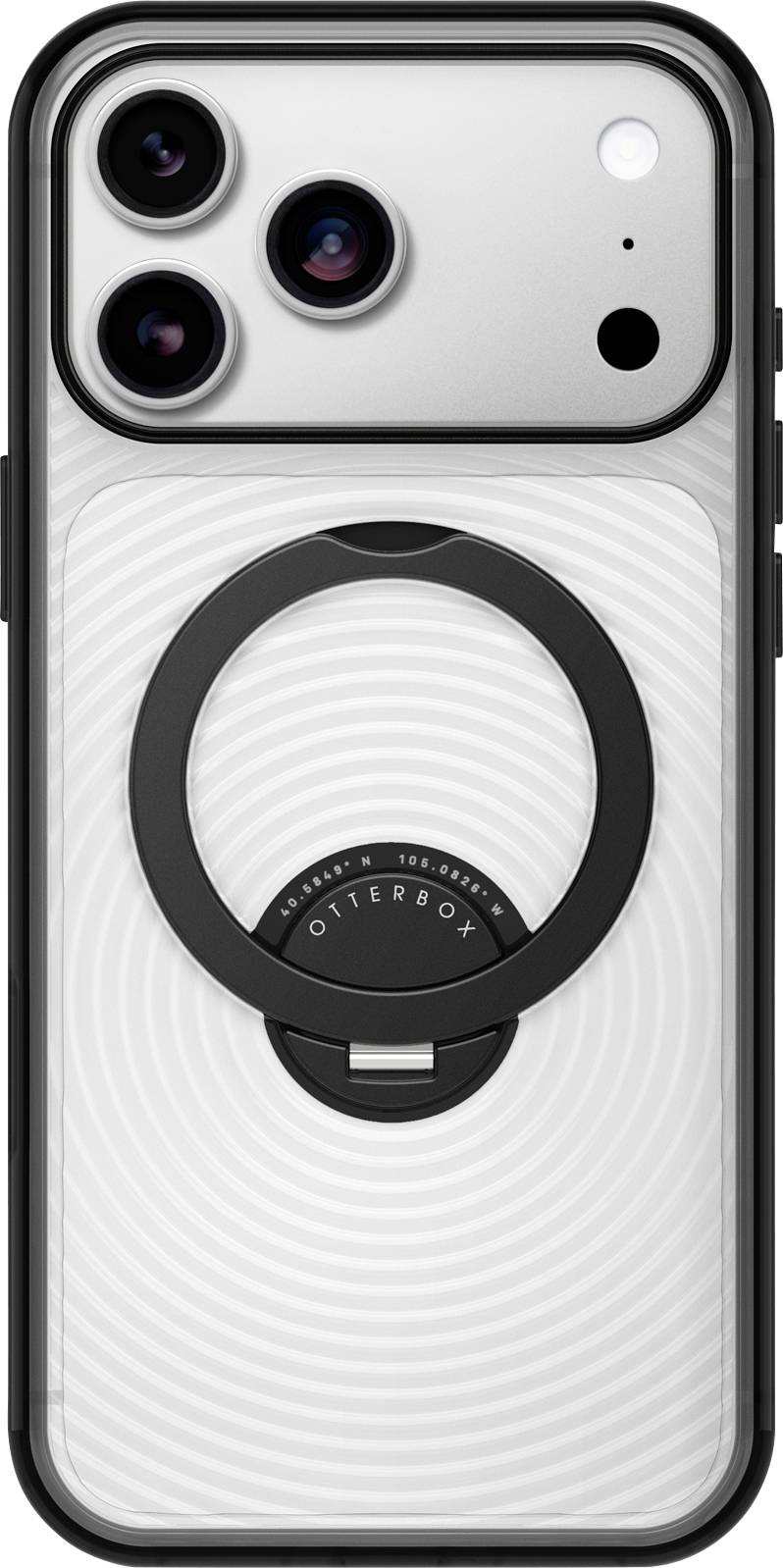 Nahaufnahme eines silbernen Smartphone-Gehäuses mit drei hinteren Kameraobjektiven und einem kreisförmigen magnetischen Ringständer in der Mitte.