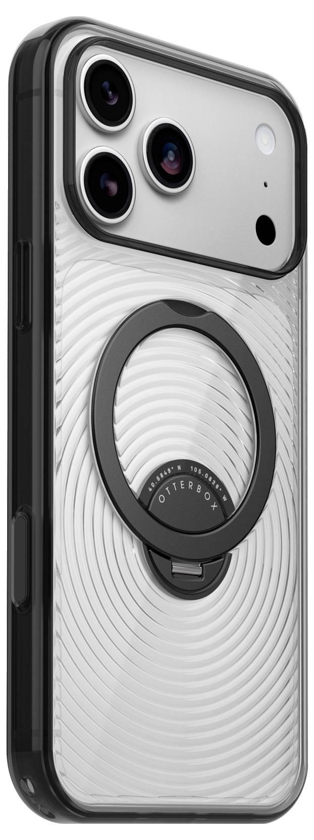 Rückseite eines silbernen iPhones mit schwarzem MagSafe-Ring, drei rückwärtig angebrachten Kameras und einer Schutzcase.