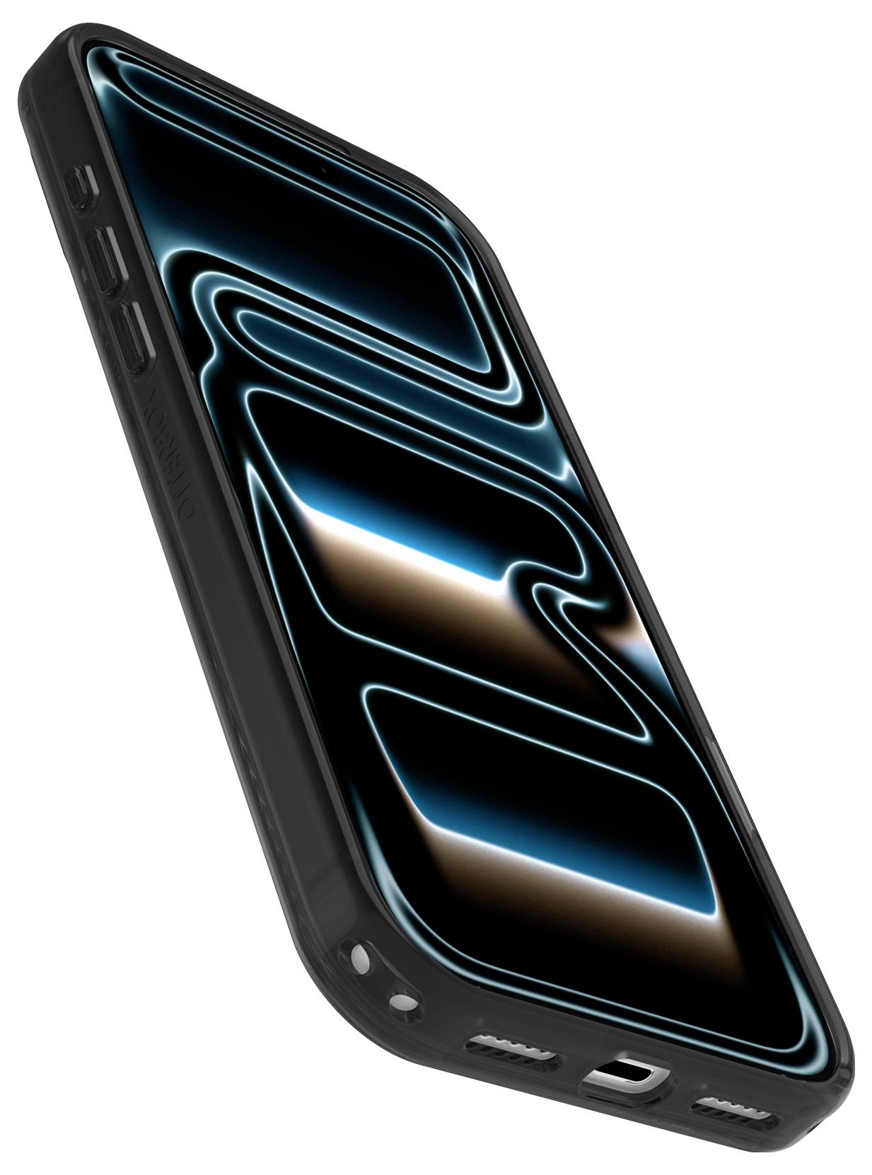 Geneigtes schwarzes Smartphone mit leuchtenden blauen abstrakten Linien auf dem Bildschirm, gezeigt auf weißem Hintergrund.
