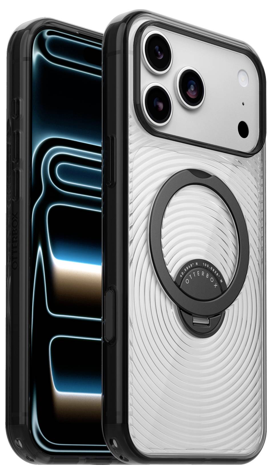 Zwei Smartphones, von vorne und hinten gezeigt, mit einem silbernen Telefon mit dreifacher Kamera und einem kreisförmigen Ring im MagSafe-Stil auf der Rückseite, neben einem schwarzen Telefon mit leuchtendem Display.