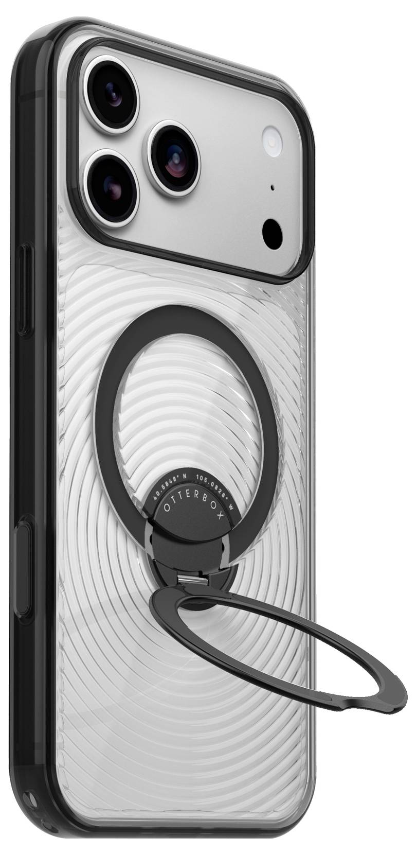 Silbernes iPhone mit transparantem MagSafe-Schutzhülle und Ständerring, von hinten gezeigt mit dreifacher Kameralinse.