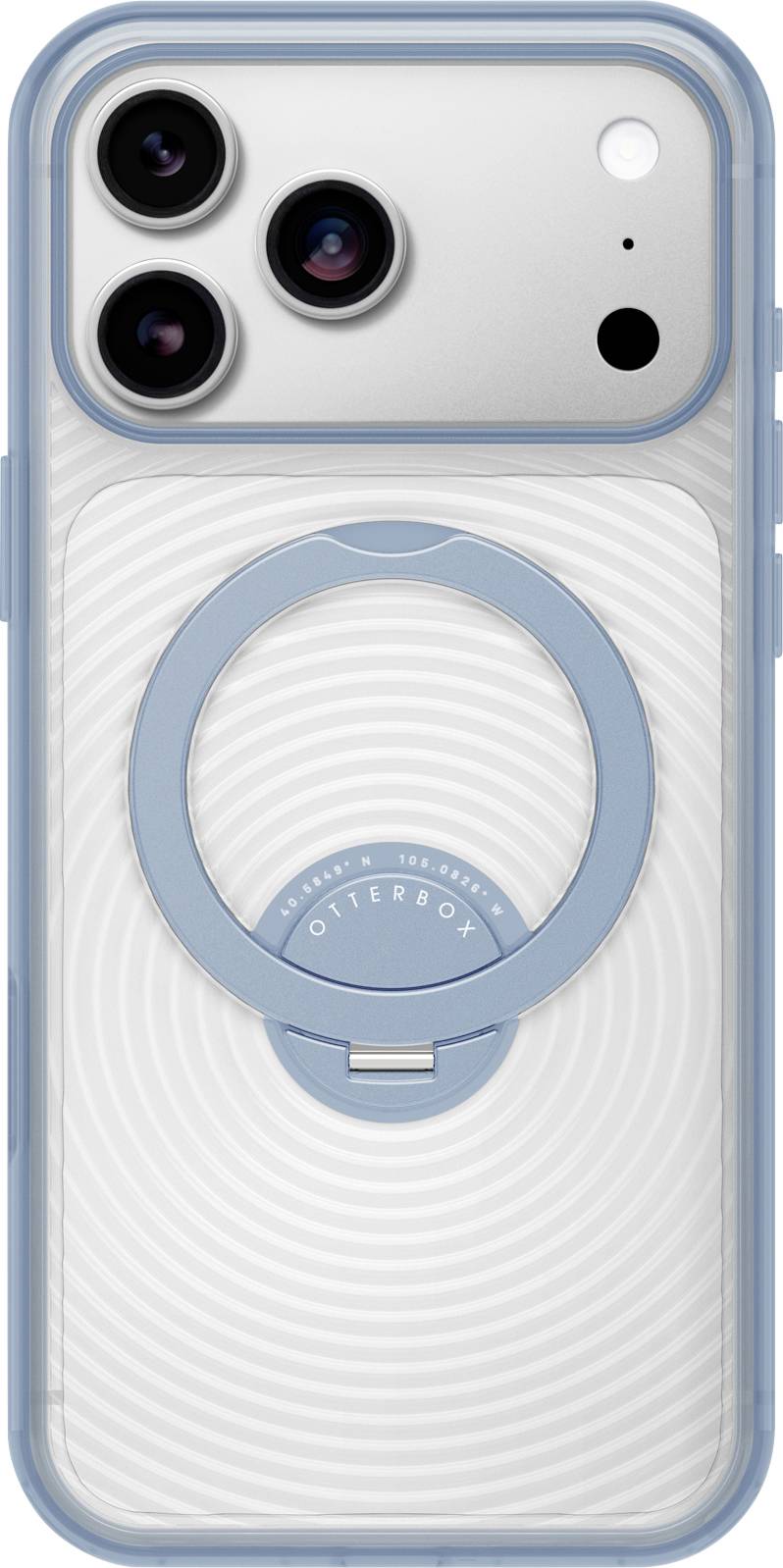Rückseite eines Smartphones in einer transparenten Hülle mit einem hellblauen MagSafe-Ring und dreifachen rückseitigen Kameras.