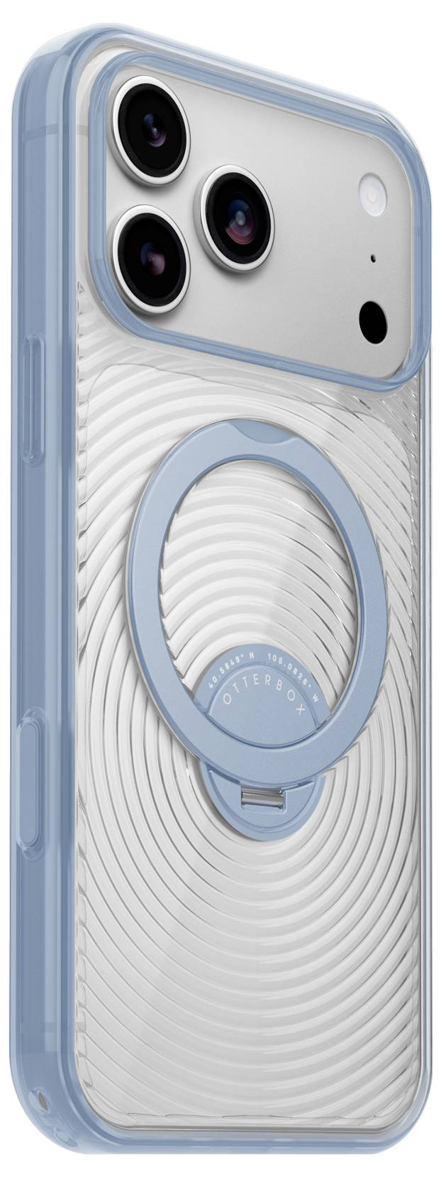 Transparente Handyhülle mit blauen Kanten und einem großen kreisförmigen MagSafe-ähnlichen Ring auf der Rückseite, gezeigt auf einem Smartphone.