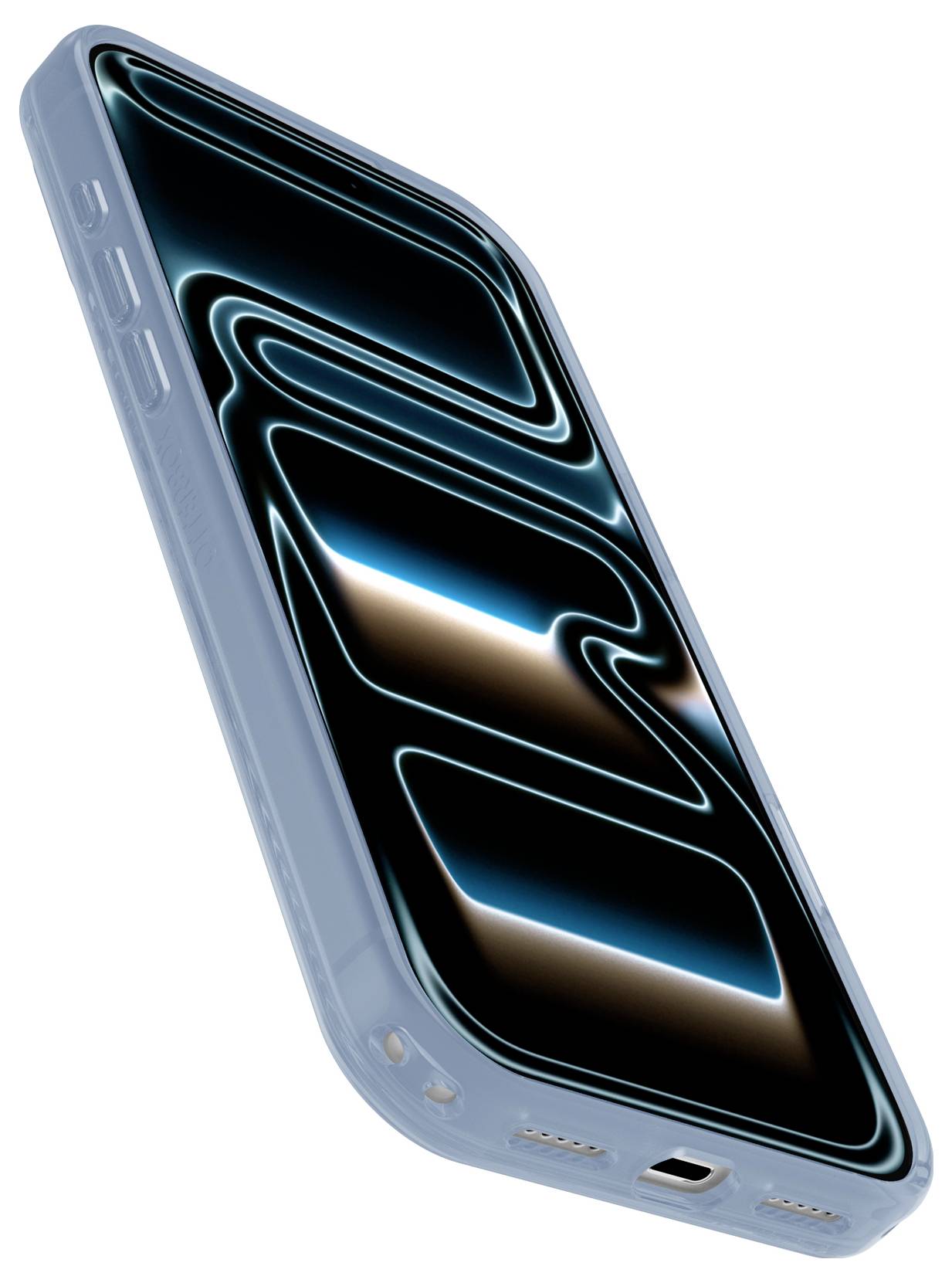 Blaues Smartphone in Schrägansicht, zeigt ein abstraktes neonblaues und goldenes Wirbel-Hintergrundbild auf einem schwarzen Bildschirm.