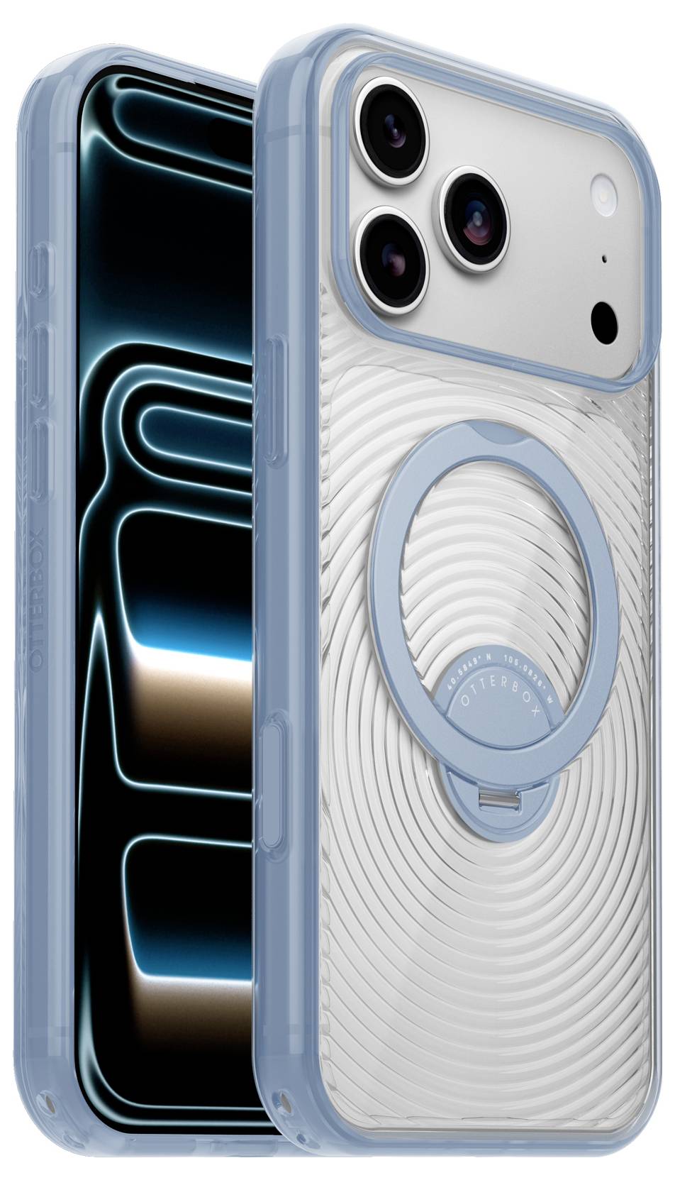 Zwei durchsichtige blaue Smartphones von vorne und hinten gezeigt; das hintere Telefon verfügt über ein Triple-Kamera-Setup und einen kreisförmigen MagSafe-ähnlichen Ring.