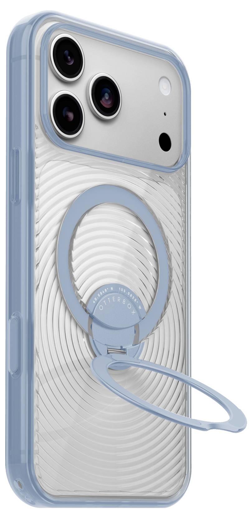 Transparente blaue Handyhülle mit integriertem kreisförmigem Ringständer und Riemen, gezeigt auf der Rückseite eines Smartphones mit Dreifachkamera.