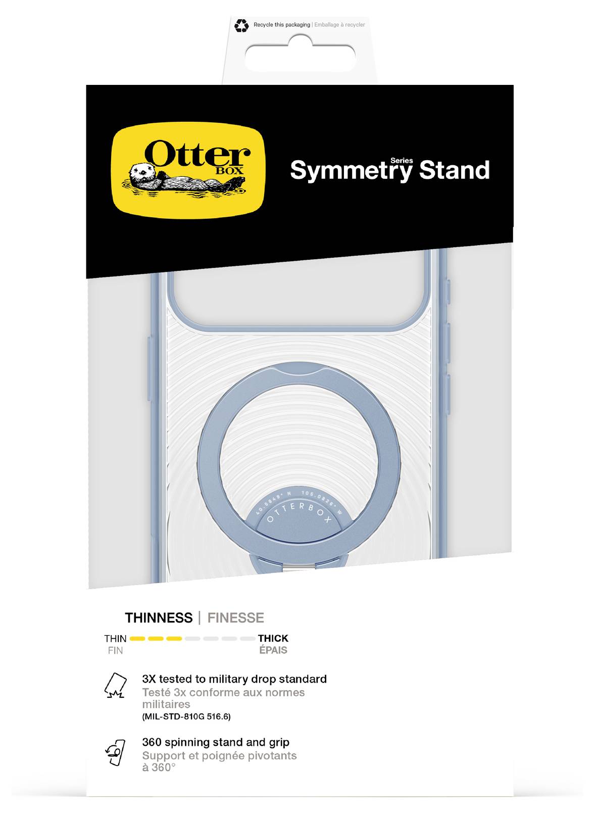 OtterBox Symmetry Stand Handyhülle Verpackung, zeigt einen blauen Ringständer und Features: dünnes Design, 3x getesteter militärischer Fallschutz und 360° drehbarer Ständer und Griff.