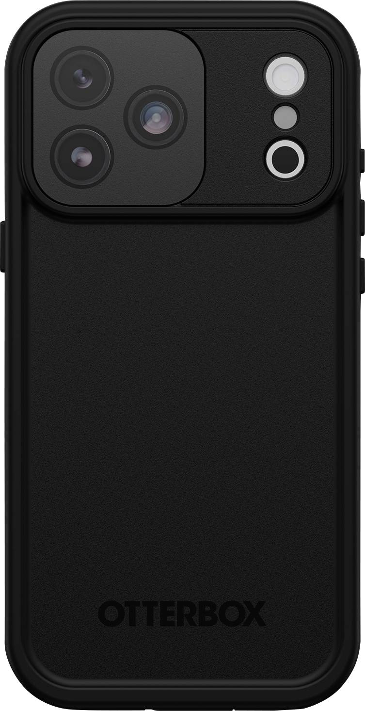 Schwarze OtterBox-Handyhülle von hinten gezeigt, mit erhöhener Kameraaussparung und drei Objektivöffnungen.