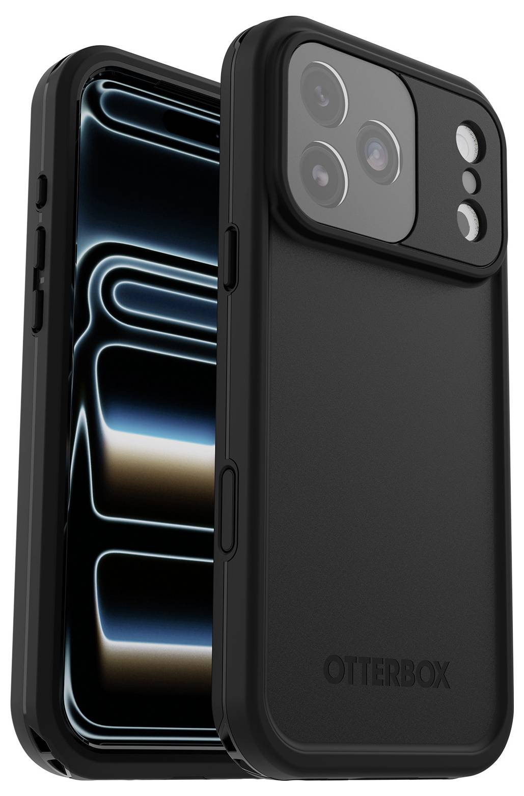 Schwarze OtterBox-Handyhülle von vorne und hinten gezeigt, mit erhöhtem Kamerakschutz und einem teilweise sichtbaren Smartphone im Inneren.
