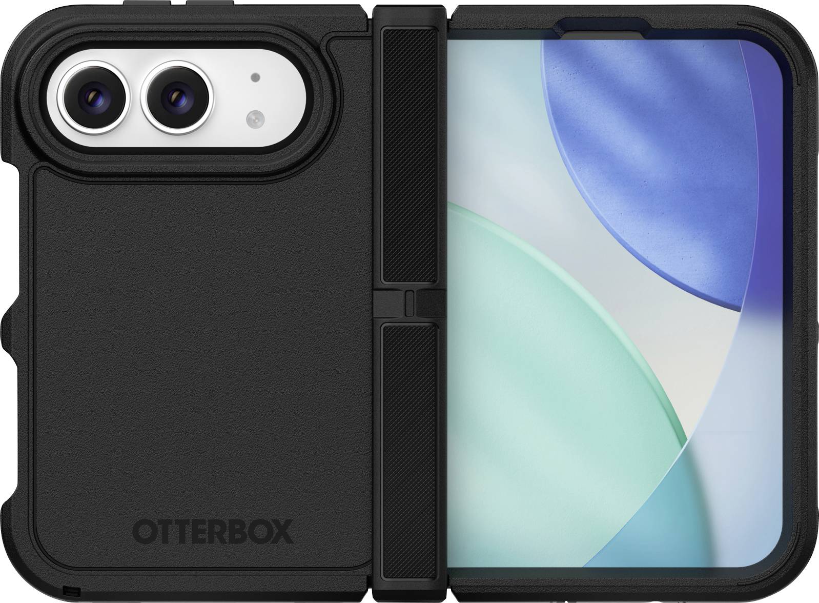 Schwarze OtterBox-Handyhülle, aufgeklappt dargestellt, mit doppeltem Kameraausschnitt auf der Rückseite auf der linken Seite und sichtbarem Smartphone-Bildschirm auf der rechten Seite.