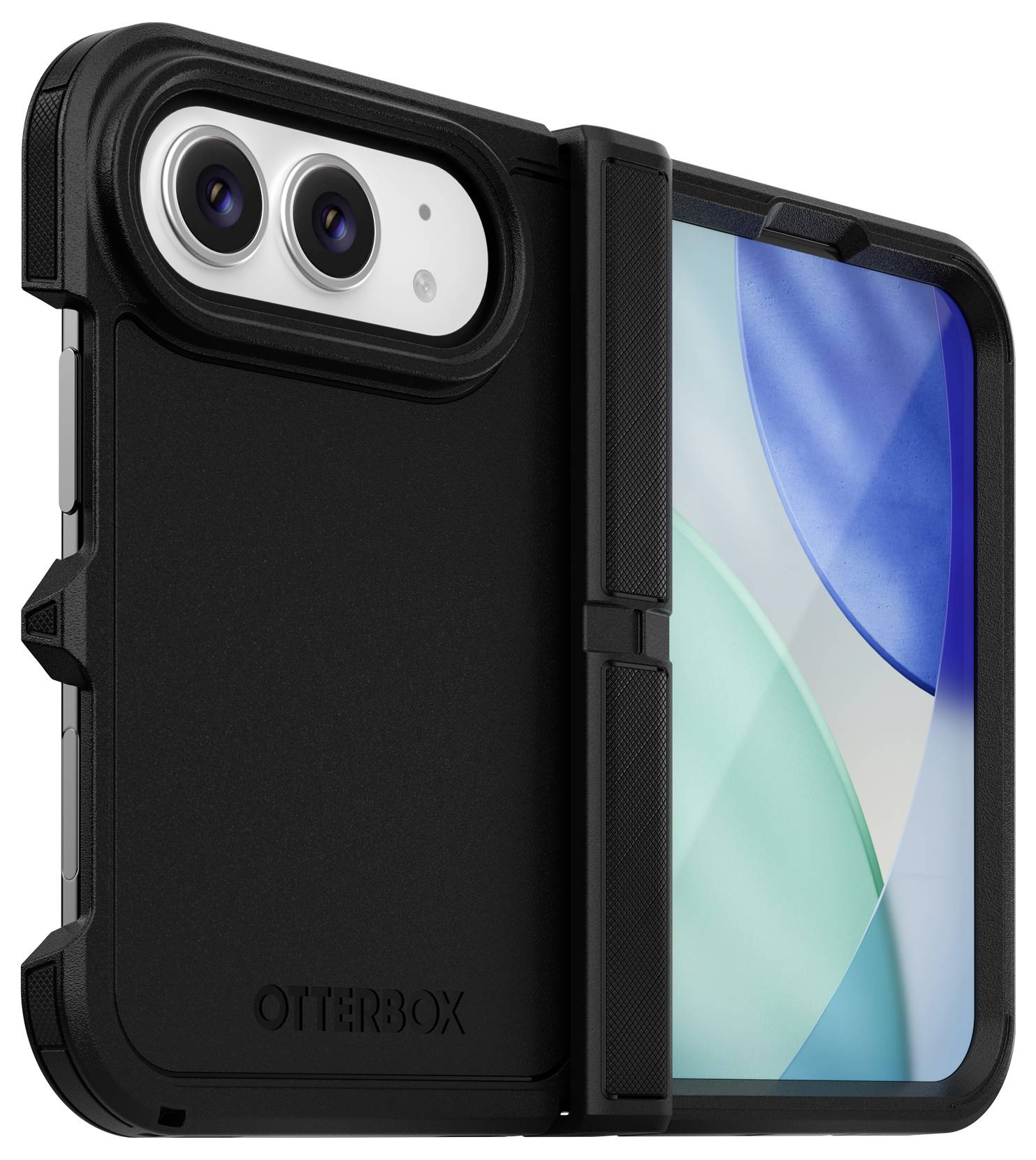 Schwarze OtterBox-Handyhülle mit vorderer Displayschutzfolie, dargestellt auf einem Smartphone, die robusten Schutz für die Kamera und das Display hervorhebt.