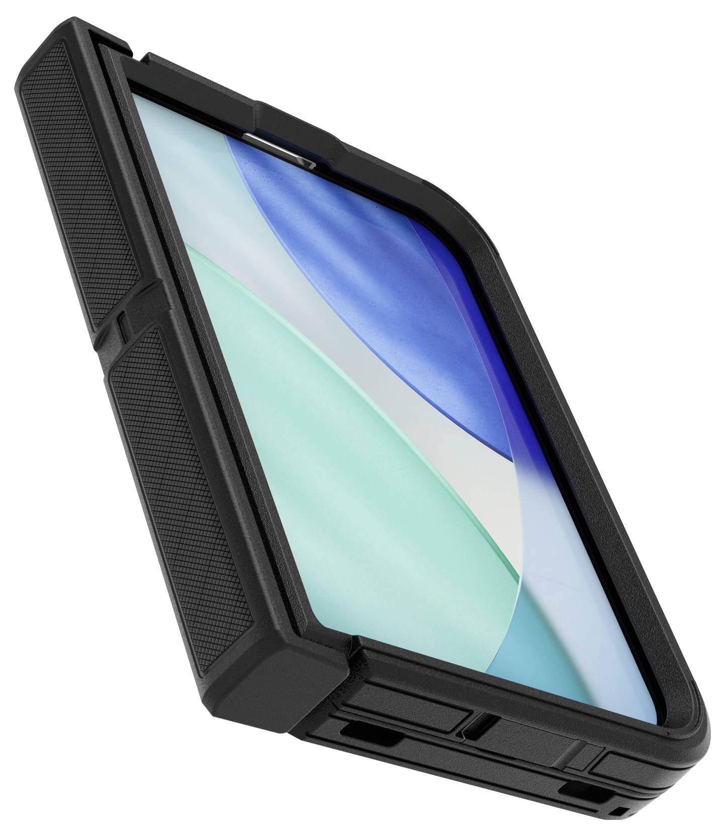 Robuste schwarze Schutzhülle, die ein Tablet oder tragbares Gerät umhüllt, in einem Winkel vor weißem Hintergrund dargestellt.