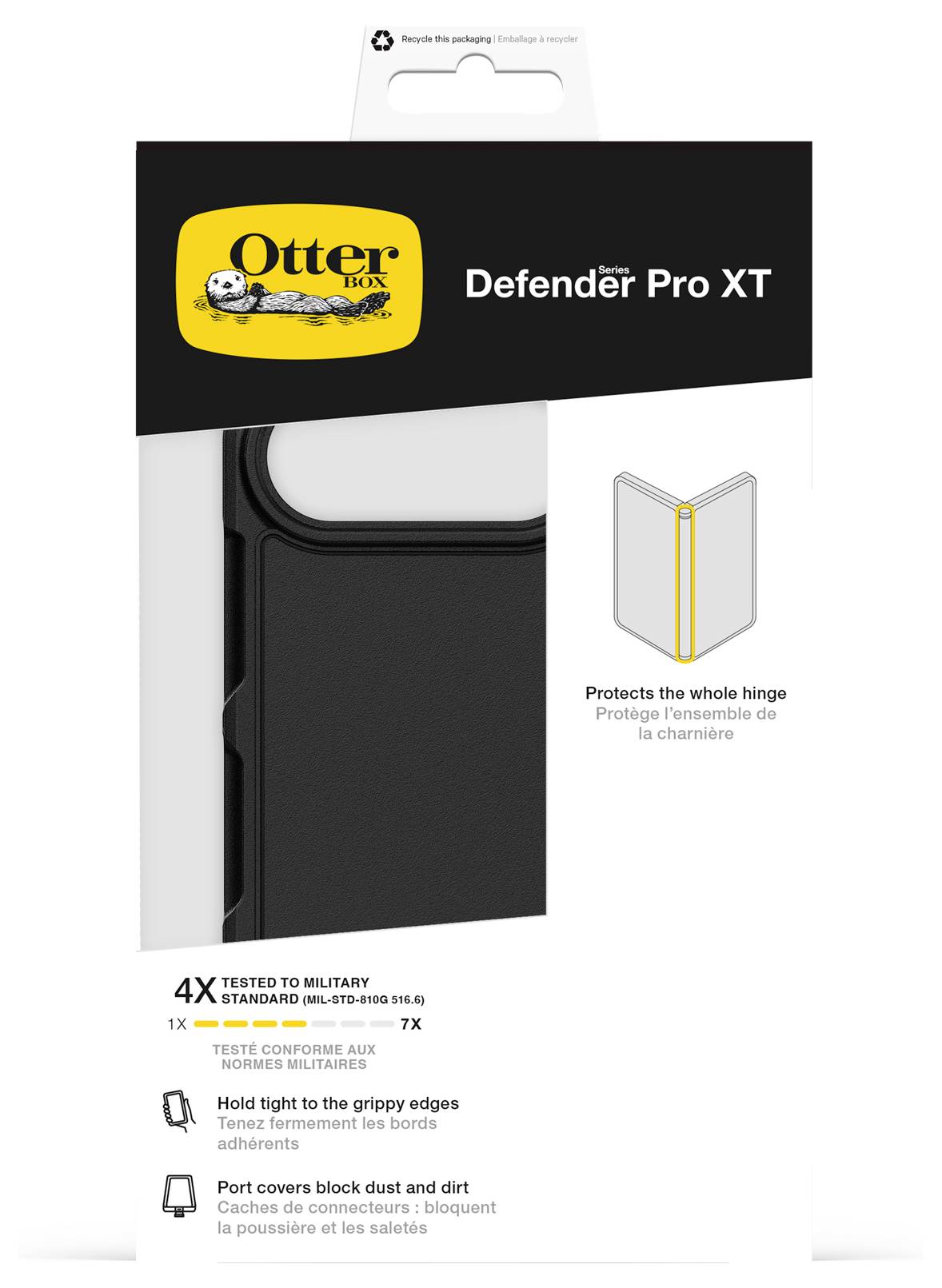 OtterBox Defender Pro XT Smartphone-Hülle Verpackung mit schwarzem Etui, „Schützt das ganze Scharnier" und Militärstandard-Falltests mit 4X-Schutz.