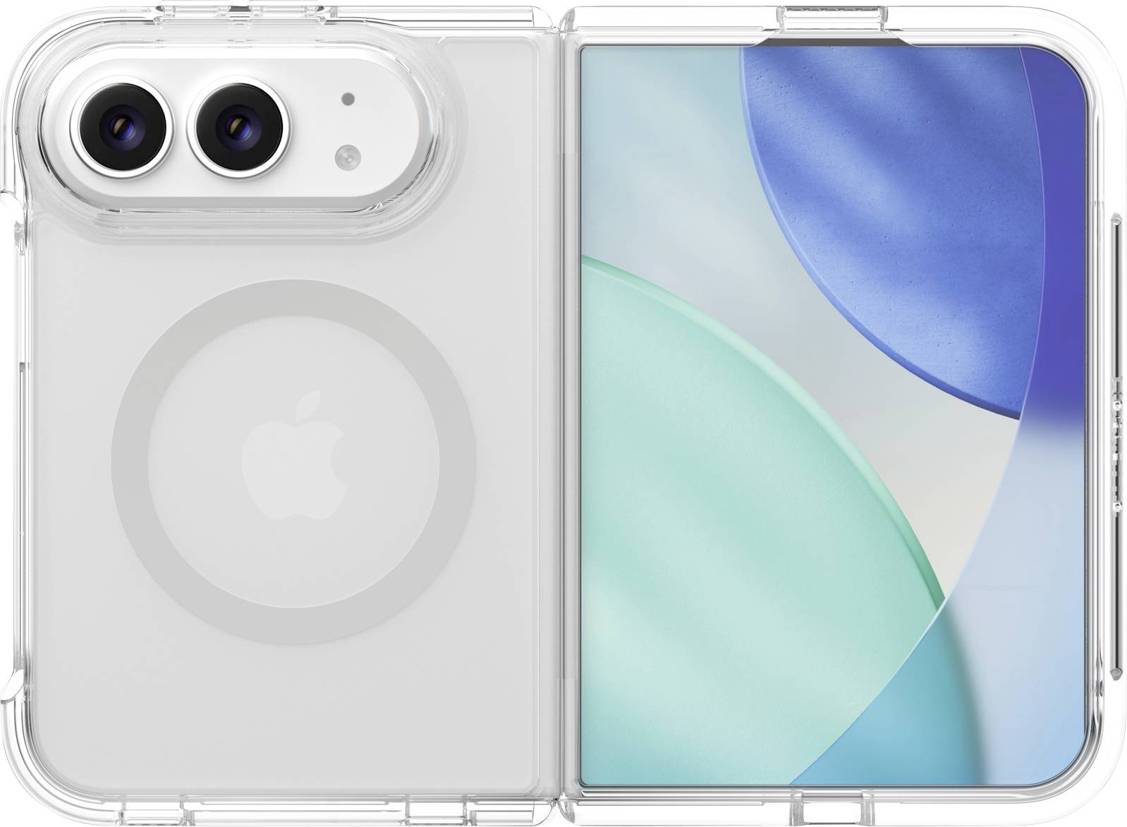 Transparente Handyhülle auf einem iPhone, Rück- und Vorderansicht nebeneinander, mit Dual-Rückkameras und blaugrüner abstrakter Bildschirmanzeige.