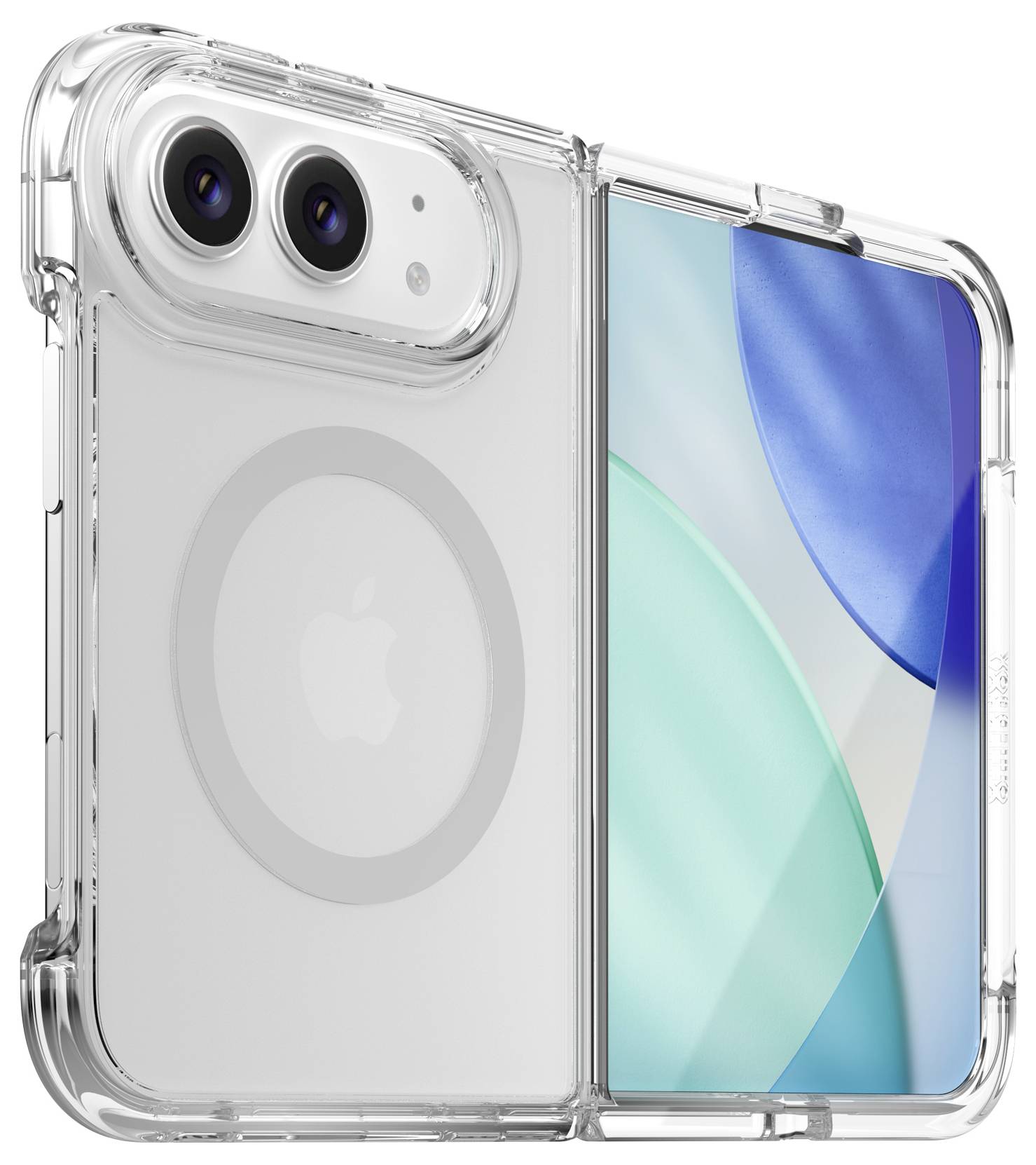 Klare Schutzcase auf einem faltbaren Smartphone, das die doppelten Rückkameras und den offenen Bildschirm mit einem blaugrünen abstrakten Hintergrundbild zeigt.