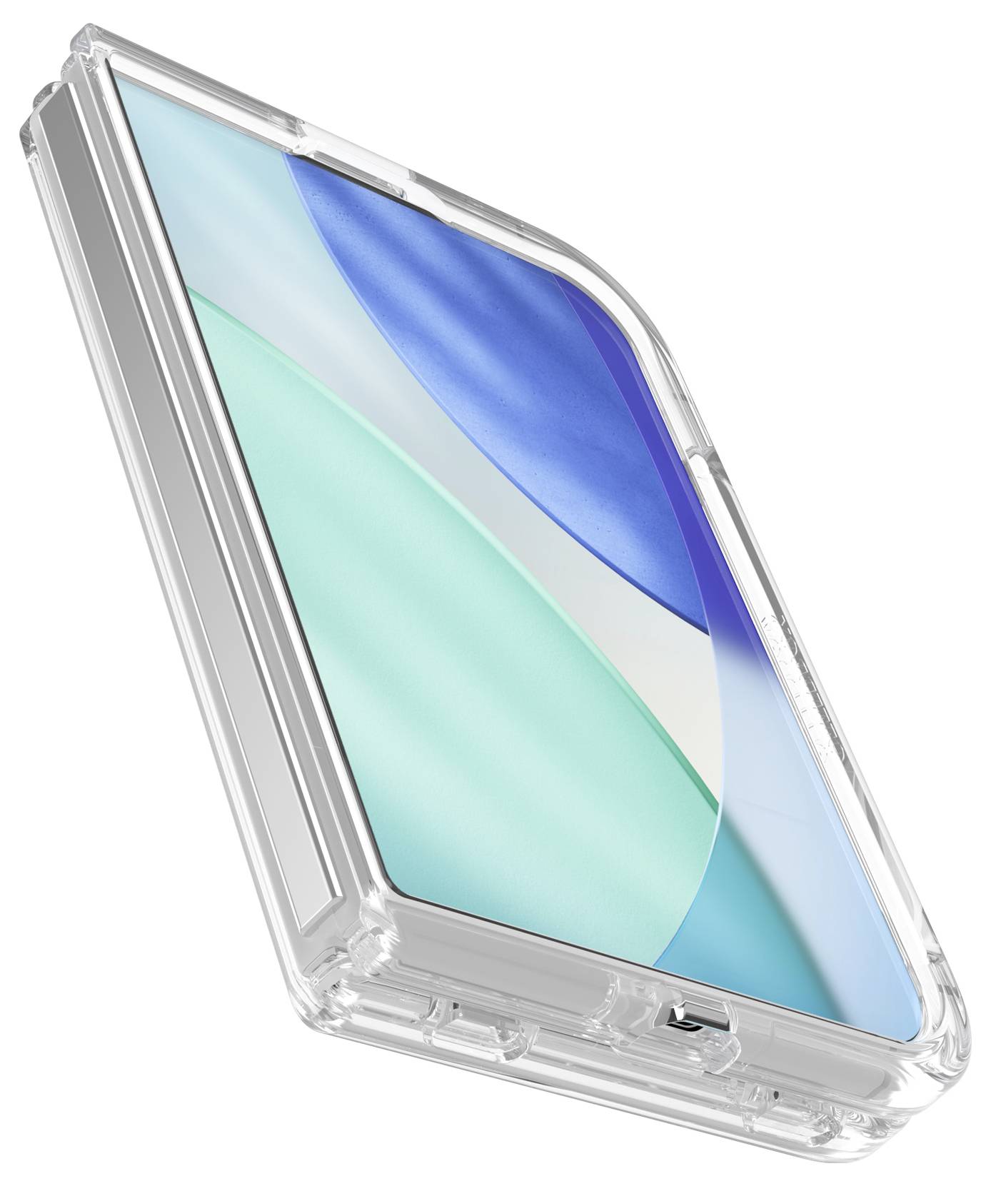 Durchsichtige Schutzhülle für ein Tablet mit blauem und türkisfarbenem Bildschirm im Inneren sichtbar.