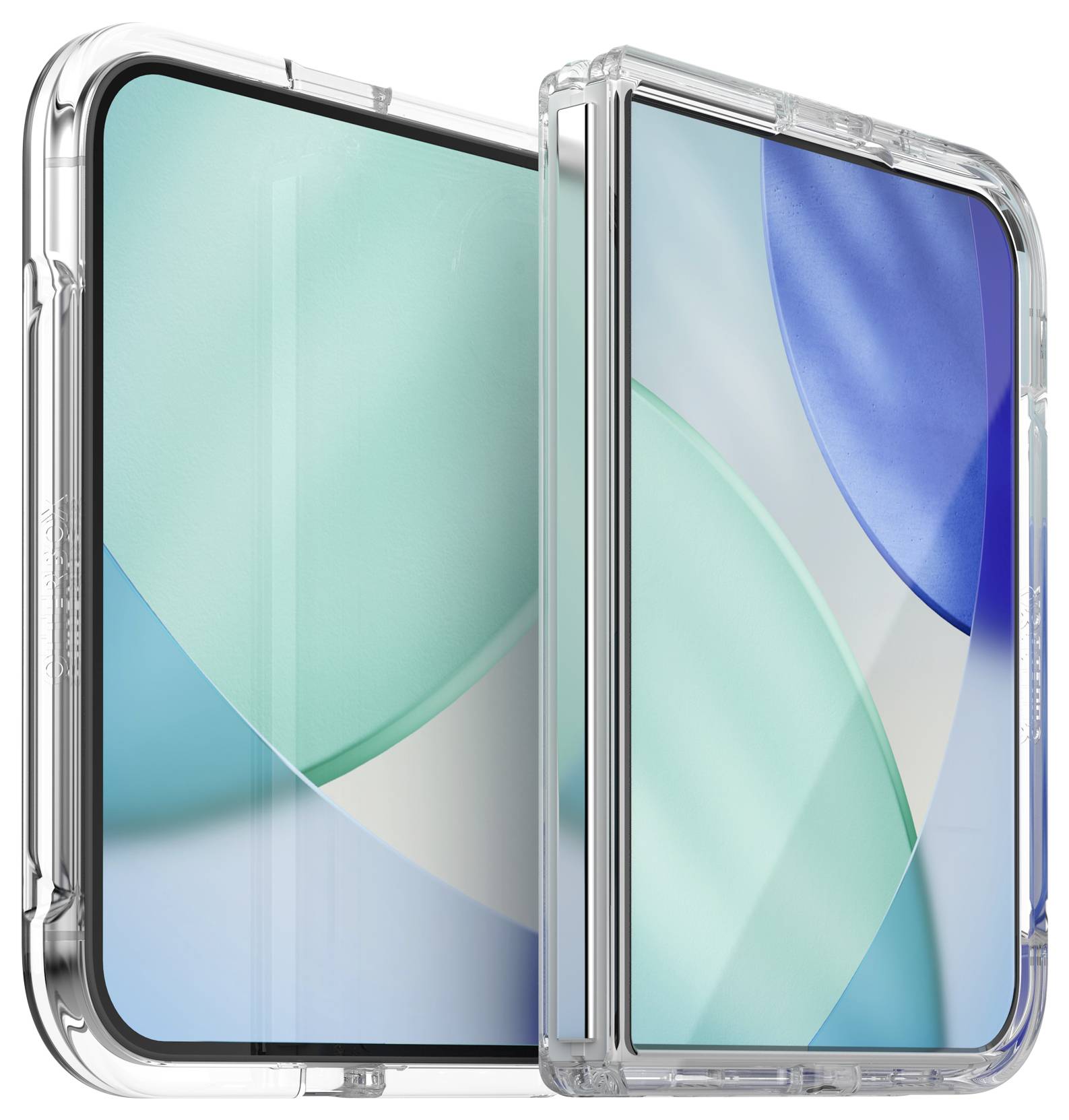 Zwei Smartphones nebeneinander in klaren Schutzhüllen, jedes mit einem türkisen und blauen abstrakten Bildschirm.