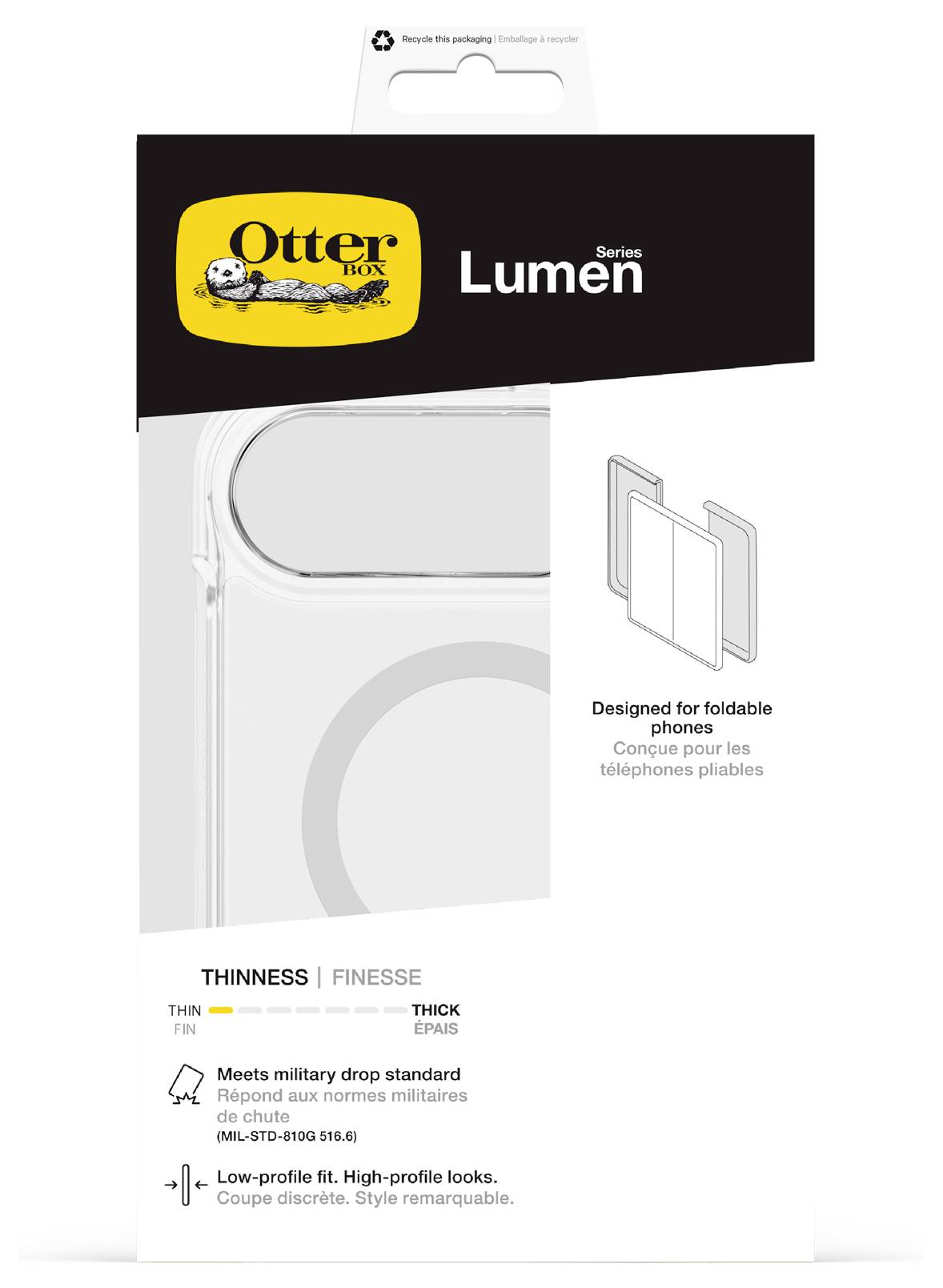 Produktverpackung für OtterBox Lumen Series Handyhülle mit der Beschriftung „Entwickelt für faltbare Telefone" mit Symbolen, die dünne Ausführung, militärischen Fallschutz und niedriges Profil hervorheben.