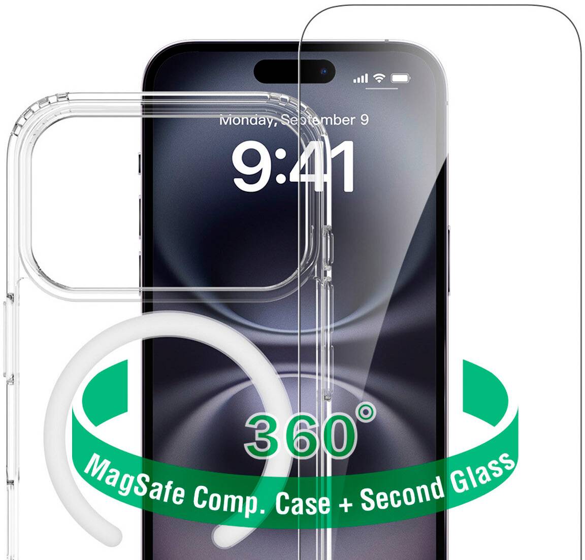 Ein iPhone mit einer transparenten MagSafe-kompatiblen Hülle und Displayschutzfolie, beschriftet mit „360 MagSafe Komp. Hülle + Second Glass