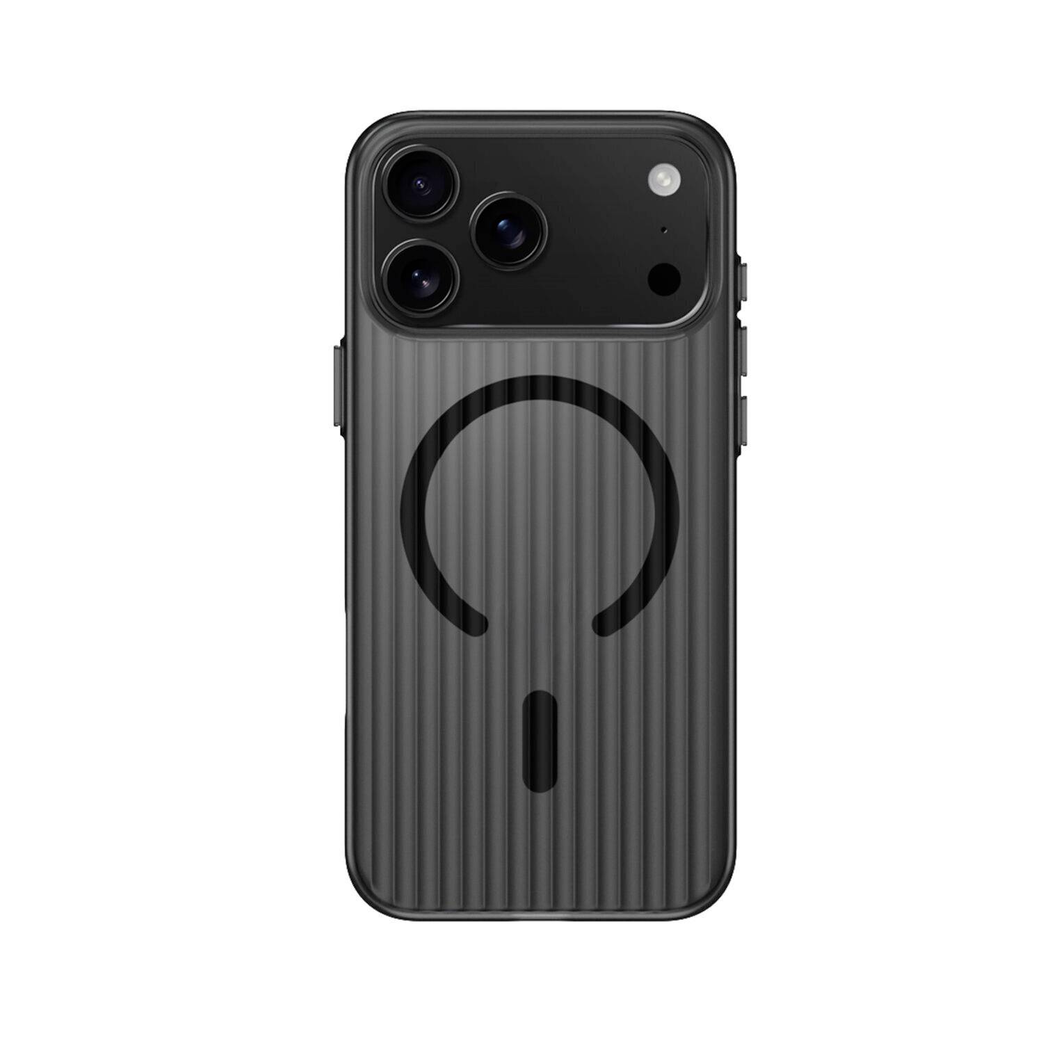 Schwarze Smartphone-Hülle von hinten gezeigt, mit großem Ladesymbol und Kameraausschnitten oben.
