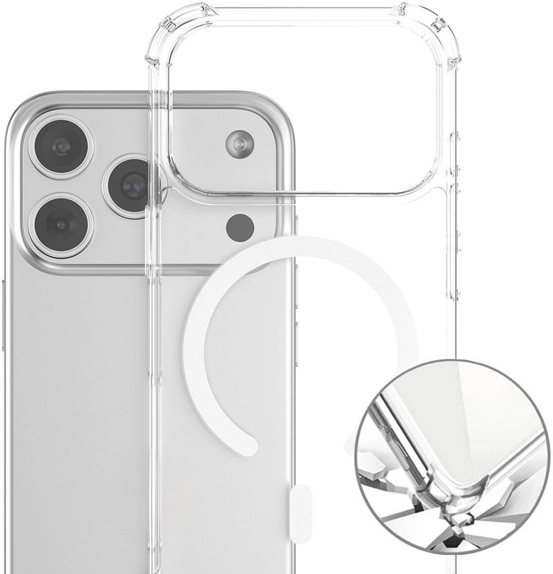 Durchsichtige Schutzhülle für Telefon, dargestellt auf einem iPhone, mit einem kreisförmigen MagSafe-Ring und einem vergrößerten Eckdetail, das verstärkte Fallschutzfunktionen hervorhebt.