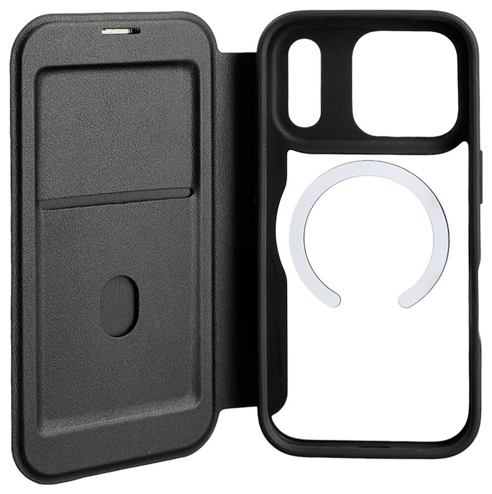 Schwarze offene Handyhülle mit Vorderabdeckung und innerer MagSafe-Ringhalterung für ein Smartphone.