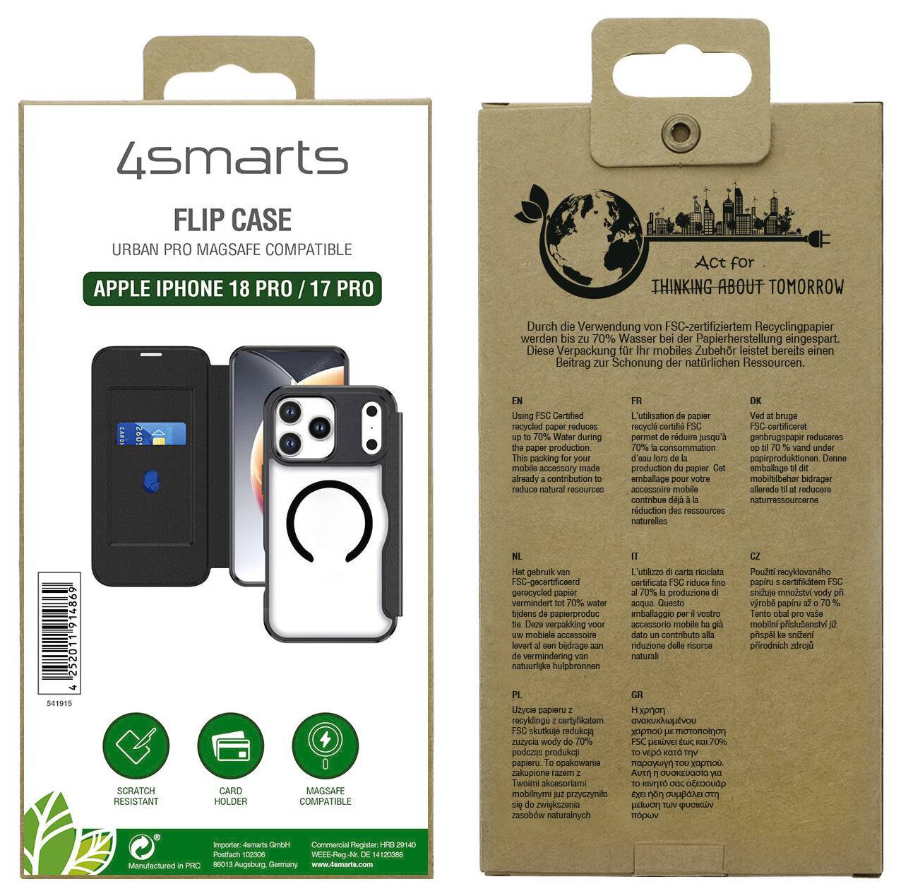 4Smarts Urban Pro Flipcase Booklet Apple iPhone 18 Pro, iPhone 17 Pro Schwarz, Transparent Induktives Laden 541915