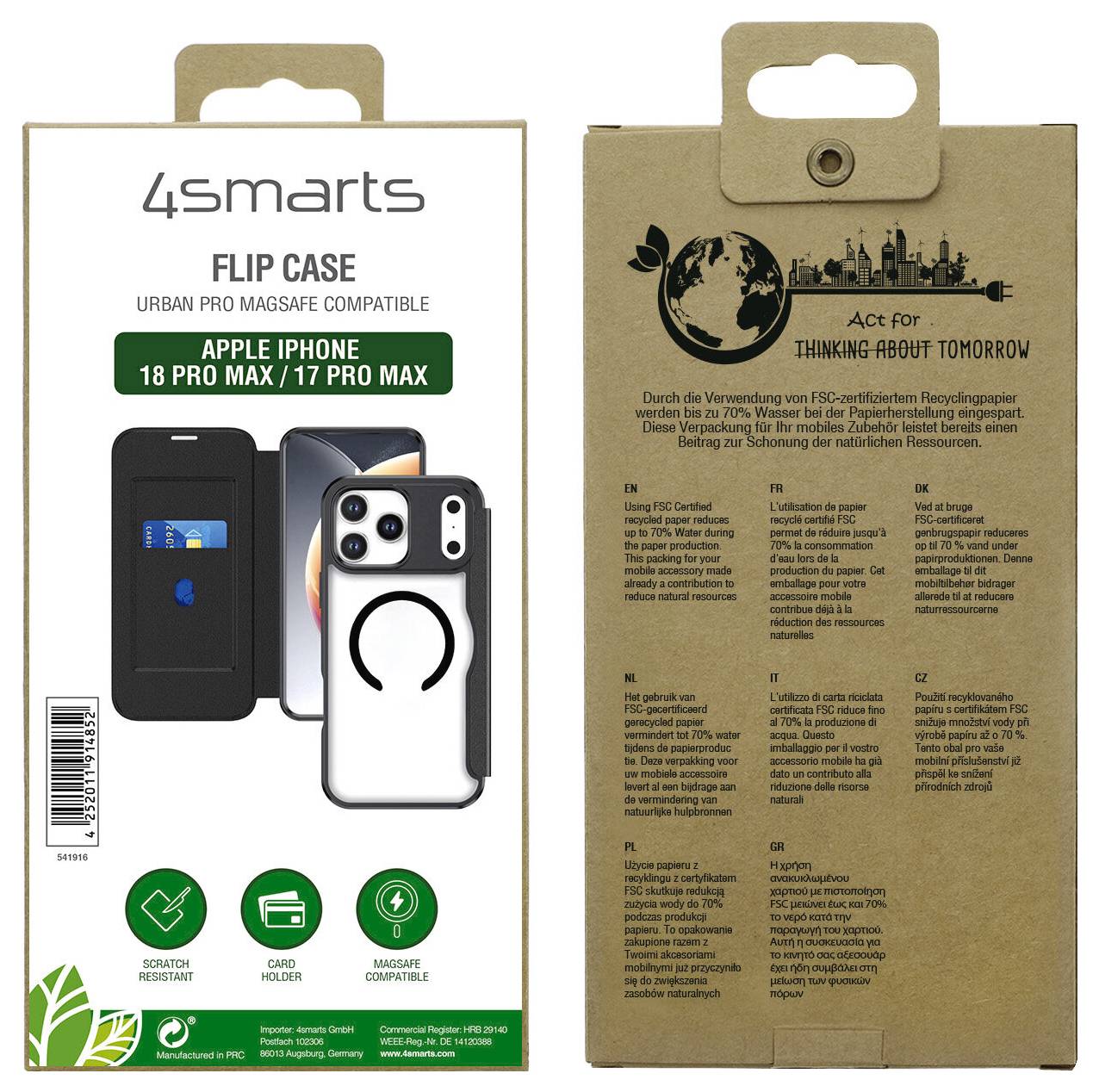 4Smarts Urban Pro Flipcase Booklet Apple iPhone 18 Pro Max, iPhone 17 Pro Max Schwarz, Transparent Induktives Laden 541916