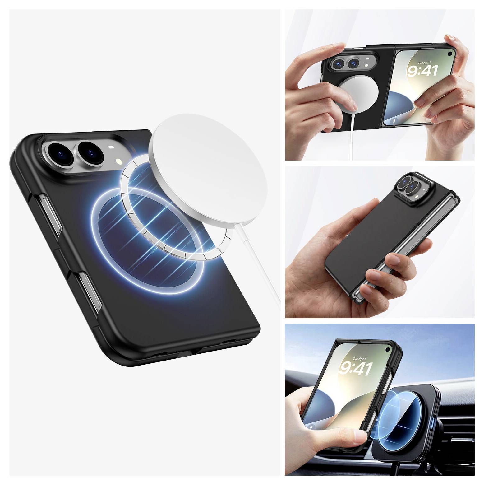 Magnetische kabellose Handyhülle mit Ladegerät, das auf der Rückseite befestigt wird, plus Detailansichten der Handhabung und des Ladens in der Autohalterung.