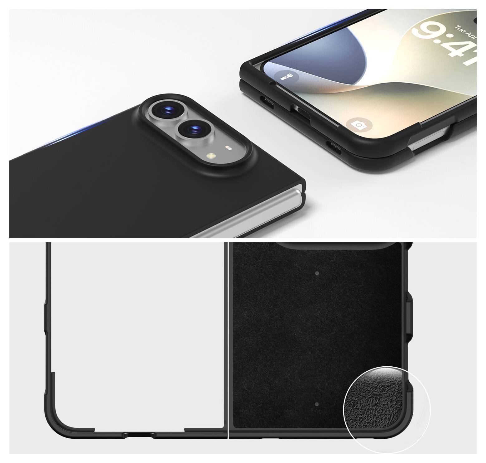Schwarze Smartphone-Hülle mit doppeltem Kameraausschnitt, gezeigt von vorne und hinten, sowie Nahaufnahme des strukturierten Griffdetails an der Ecke.