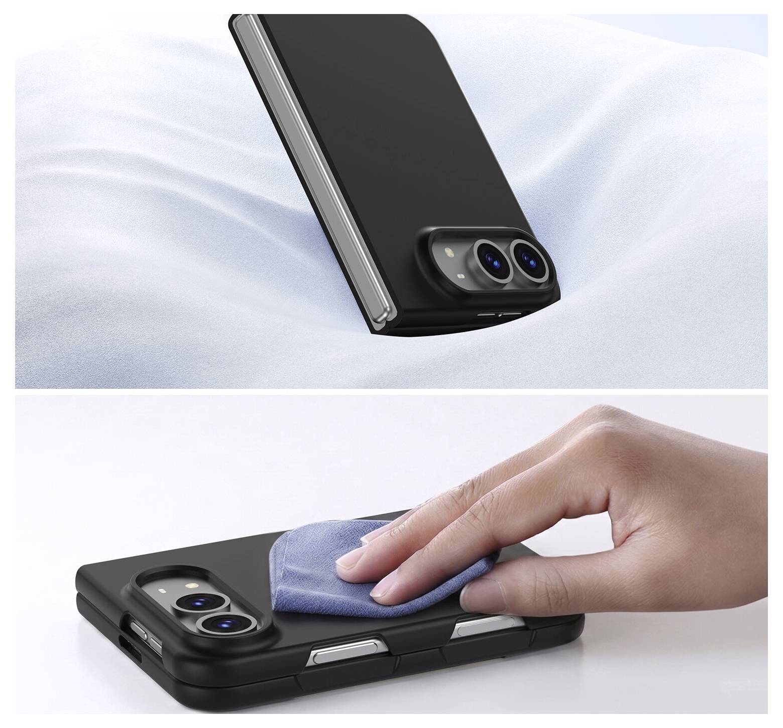 Geteiltes Bild zeigt eine schwarze faltbare Handyhülle: oben das geschlossene Telefon; unten eine Hand, die die Hülle mit einem Tuch abwischt, was auf einfache Reinigung hindeutet.