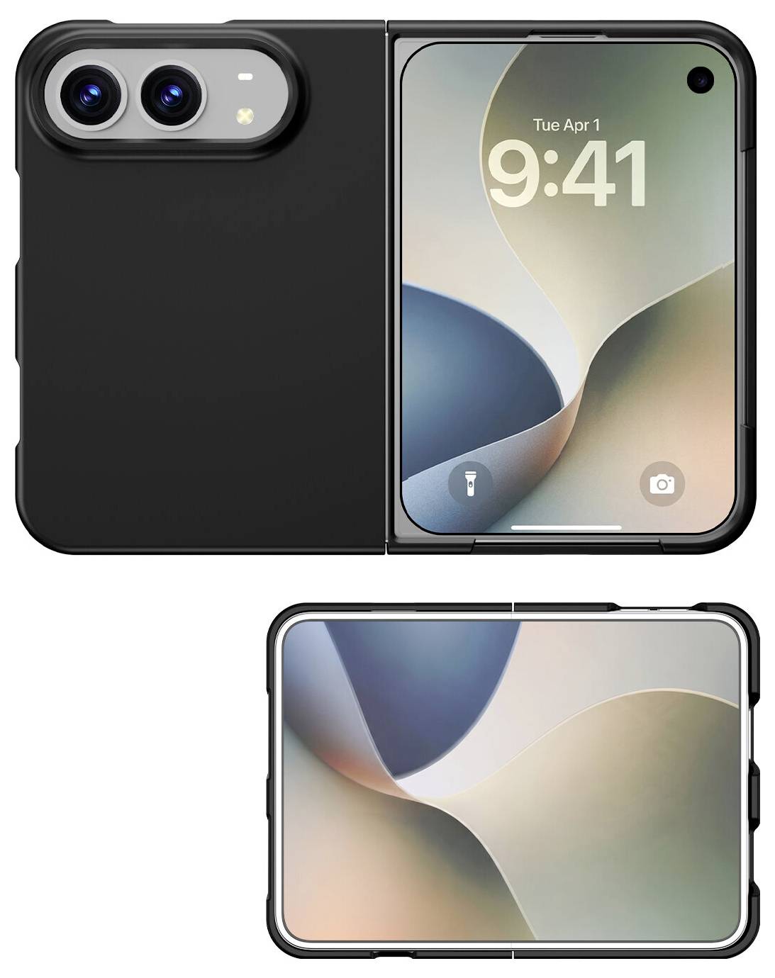 Faltbares Smartphone, offen und geschlossen dargestellt, mit Dual-Rückkameras und einem Frontdisplay auf der Vorderseite.