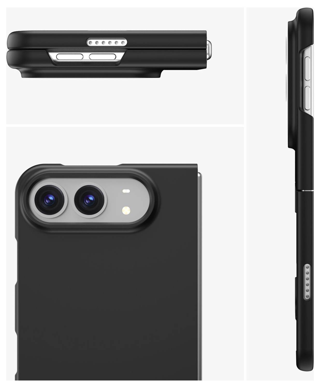 Schwarze Smartphone-Hülle dargestellt von oben, von hinten und von der Seite, mit erhöhtem Kamereschutz, dualem Kameraausschnitt und Seitentastenschutz.