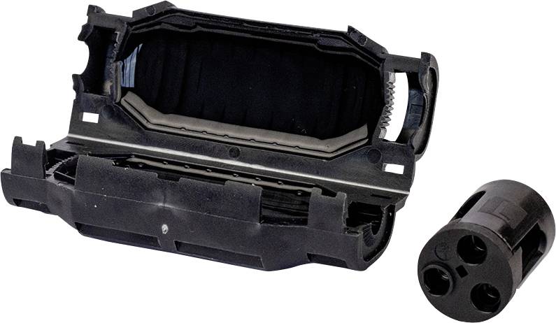 Schwarze Kunststoffkomponente aus Mechanik mit zylindrischem Stecker daneben auf weißem Hintergrund dargestellt.