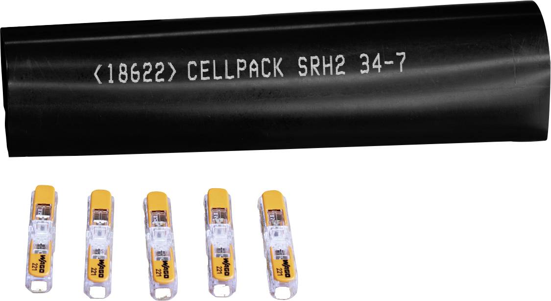 Schwarze Schrumpfschlauch-Hülle mit der Aufschrift „CELLPACK SRH2 34-7