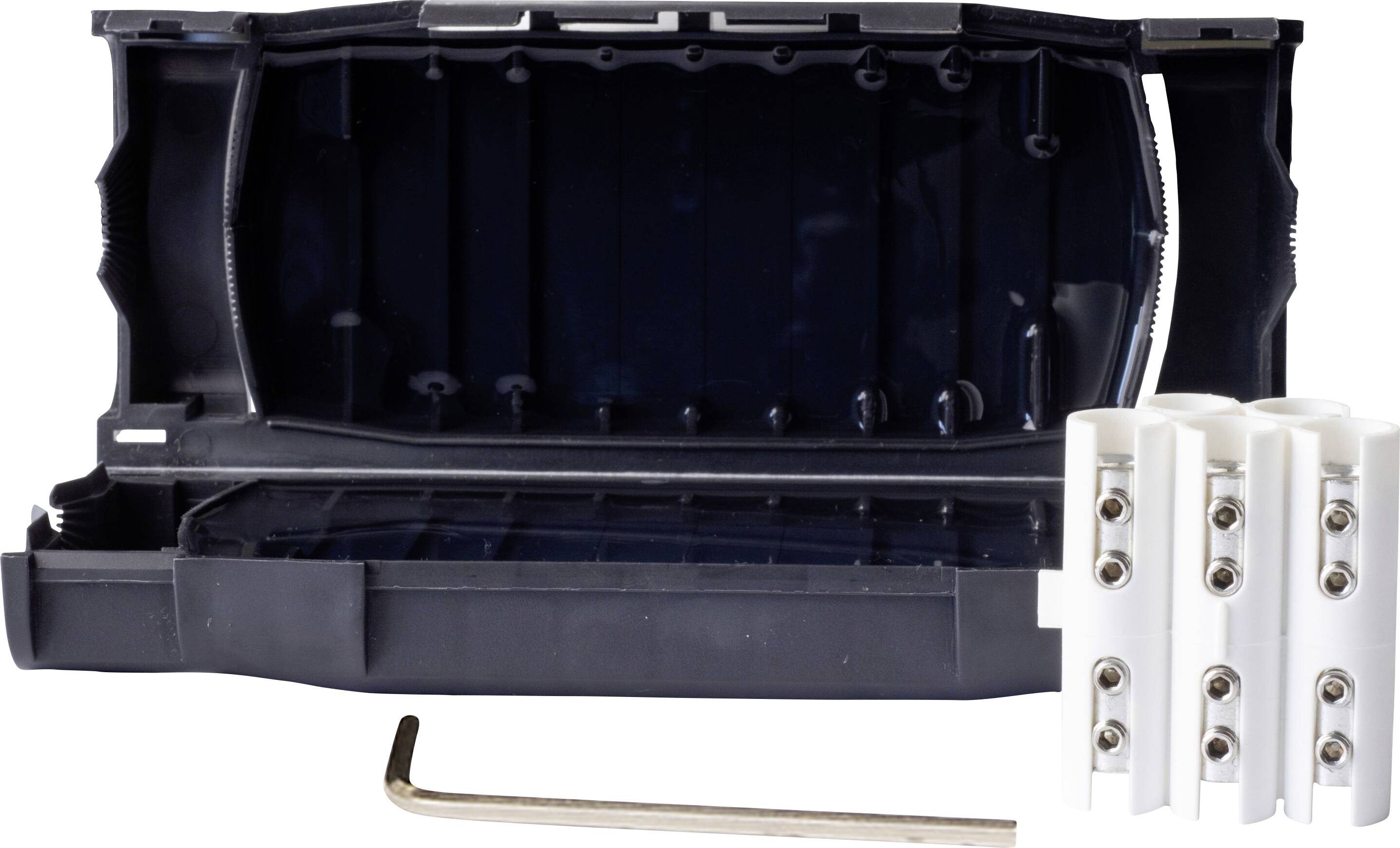 Offene Kunststoff-Elektroverbindungsbox mit sechs weißen Klemmleisten und einem Innensechskantschlüssel auf weißem Hintergrund.