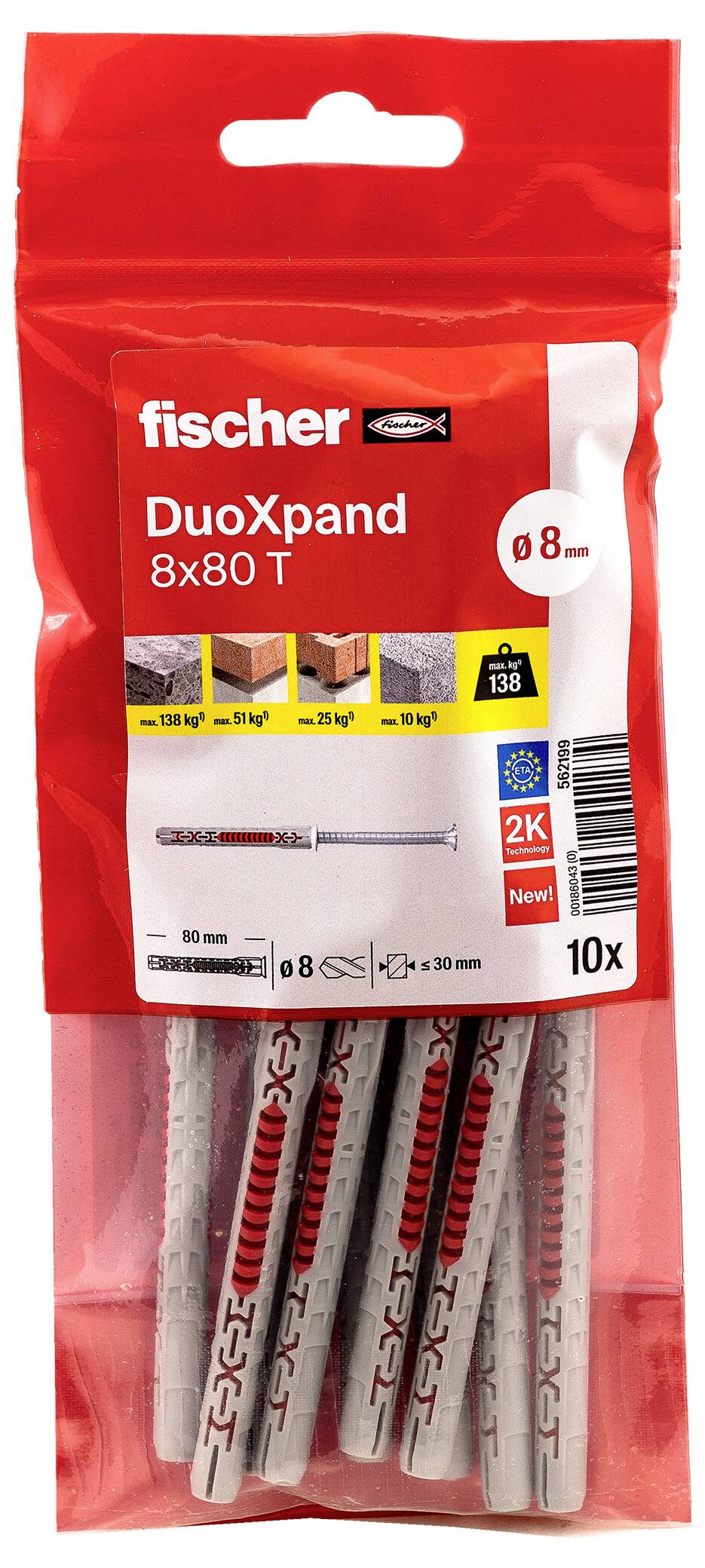 Paket mit Fischer DuoXpand 8x80 T Wanddübeln, rote Tasche mit 10 Stück und sichtbaren Größenangaben.