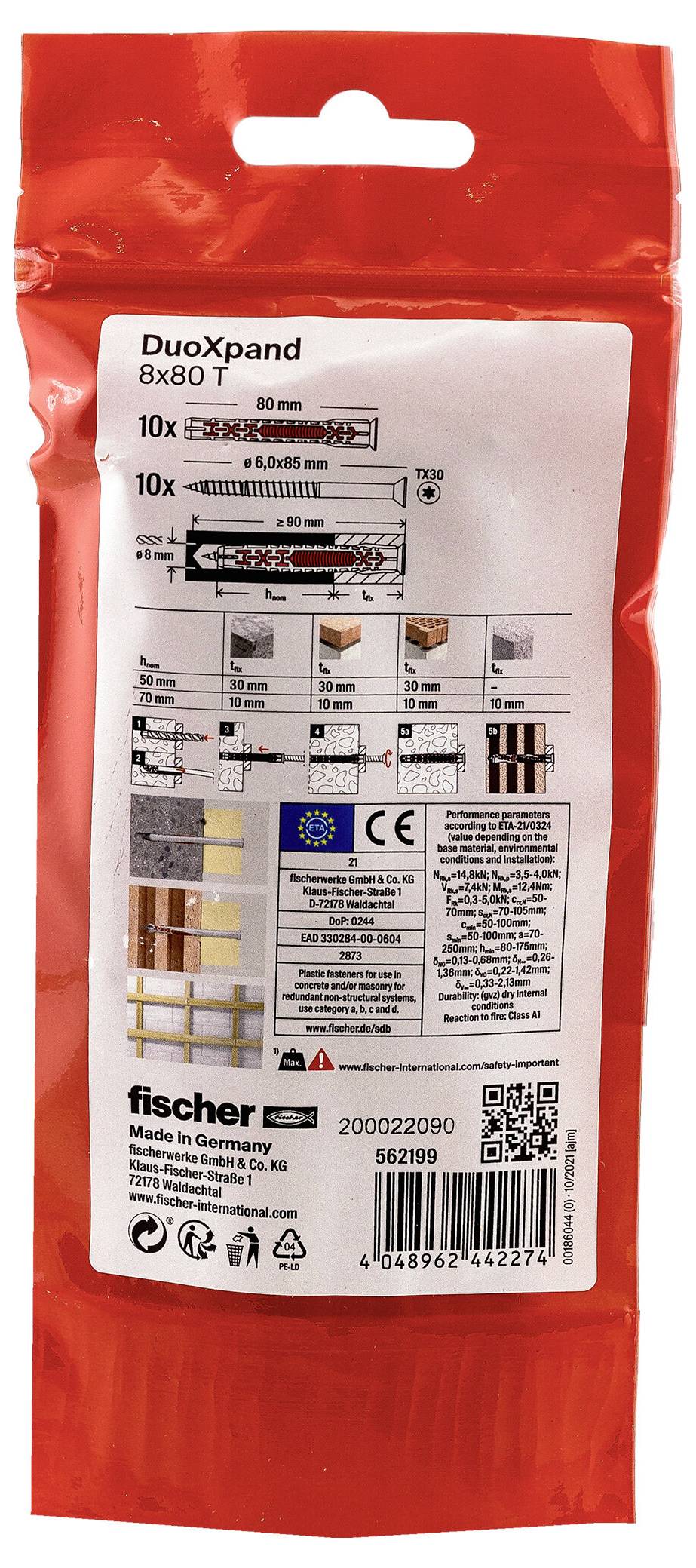 Red Fischer DuoXpand 8x80 T Wanddübel-Paket mit Produktdiagramm, Maßangaben, Anweisungen und Zertifizierungsetiketten.