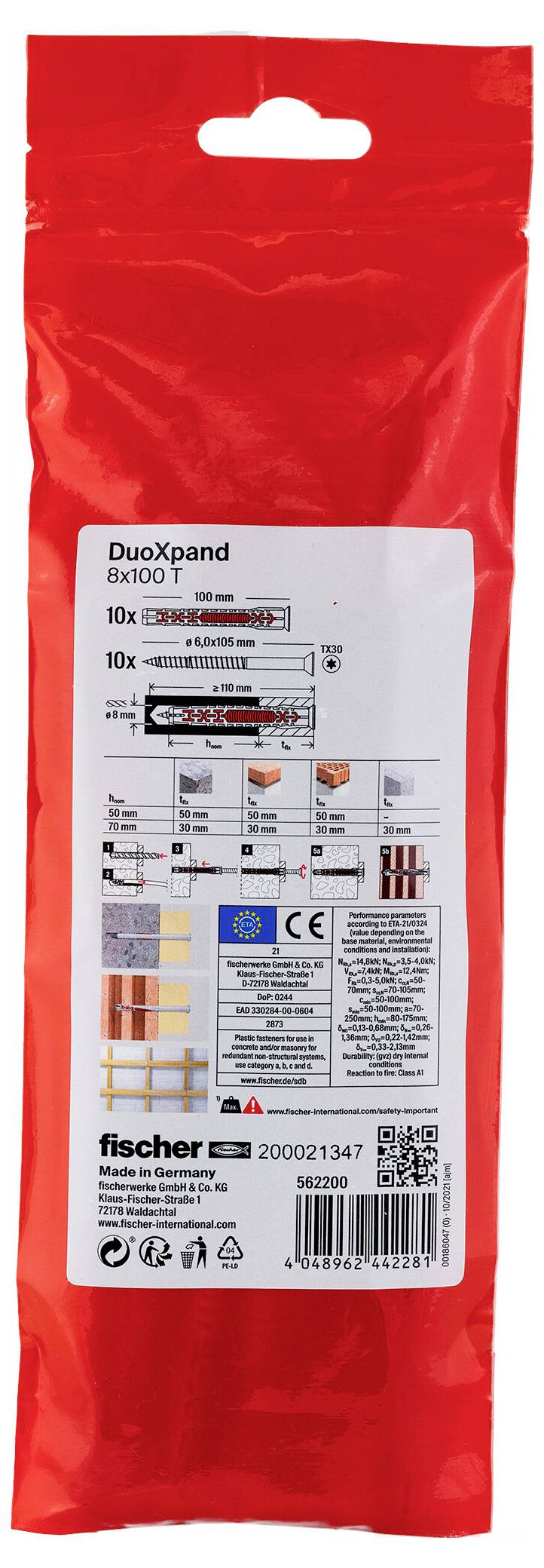 Roter Fischer DuoXpand Wanddübel im Packungsdesign mit der Aufschrift „DuoXpand" sowie Produktspezifikationen und Installationsdiagrammen auf der Vorderseite.