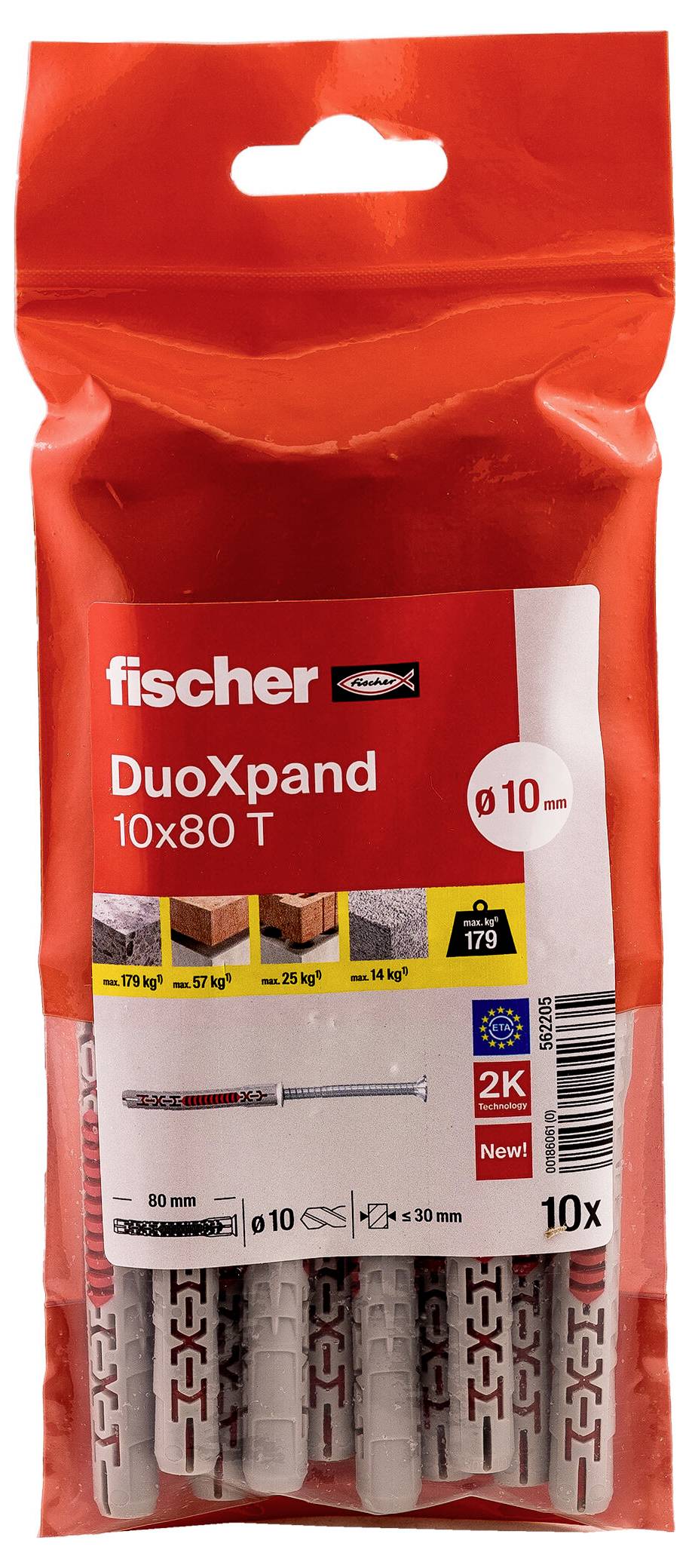 Red Fischer DuoXpand 10x80 T Wandstecker-Packung, zeigt 10 graue Dübel mit einer Schraube, beschriftet mit „2K New" und „10x".