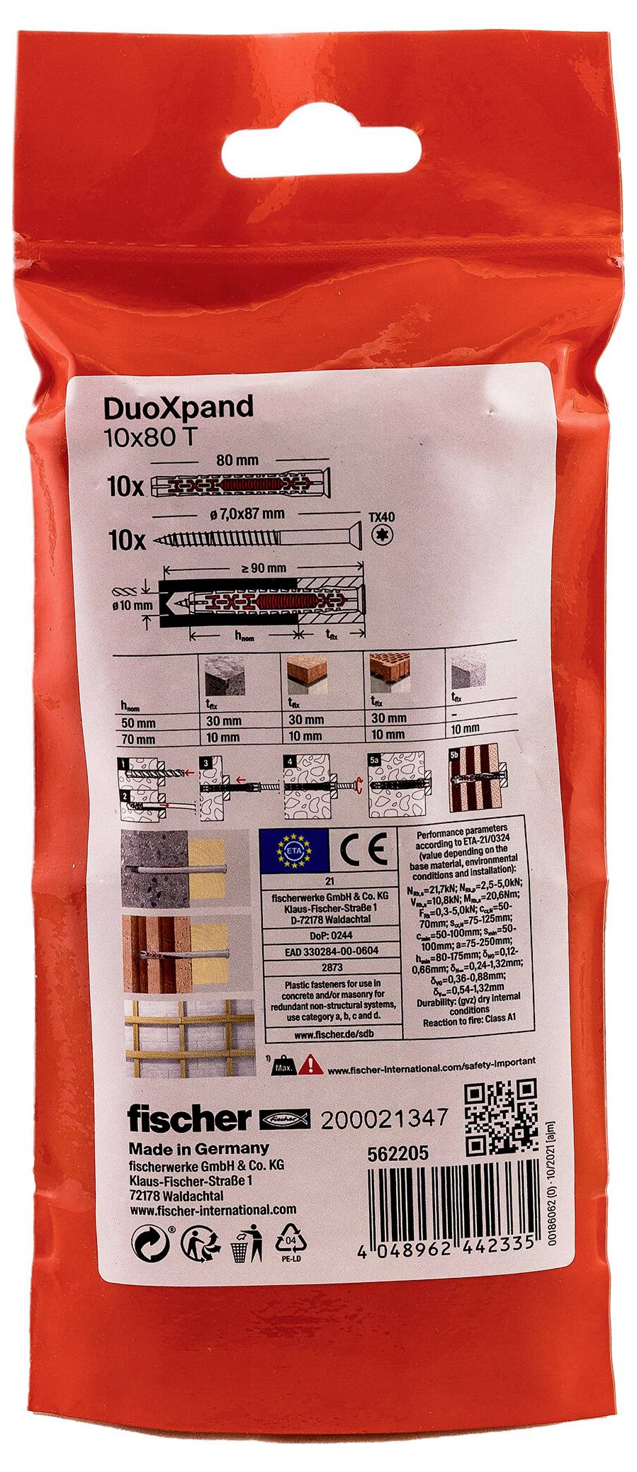 Orange Fischer DuoXpand 10x80 T Wandstecker-Paket mit Produktspezifikationen, Installationsdiagrammen und Barcode auf dem Rückenetikett.