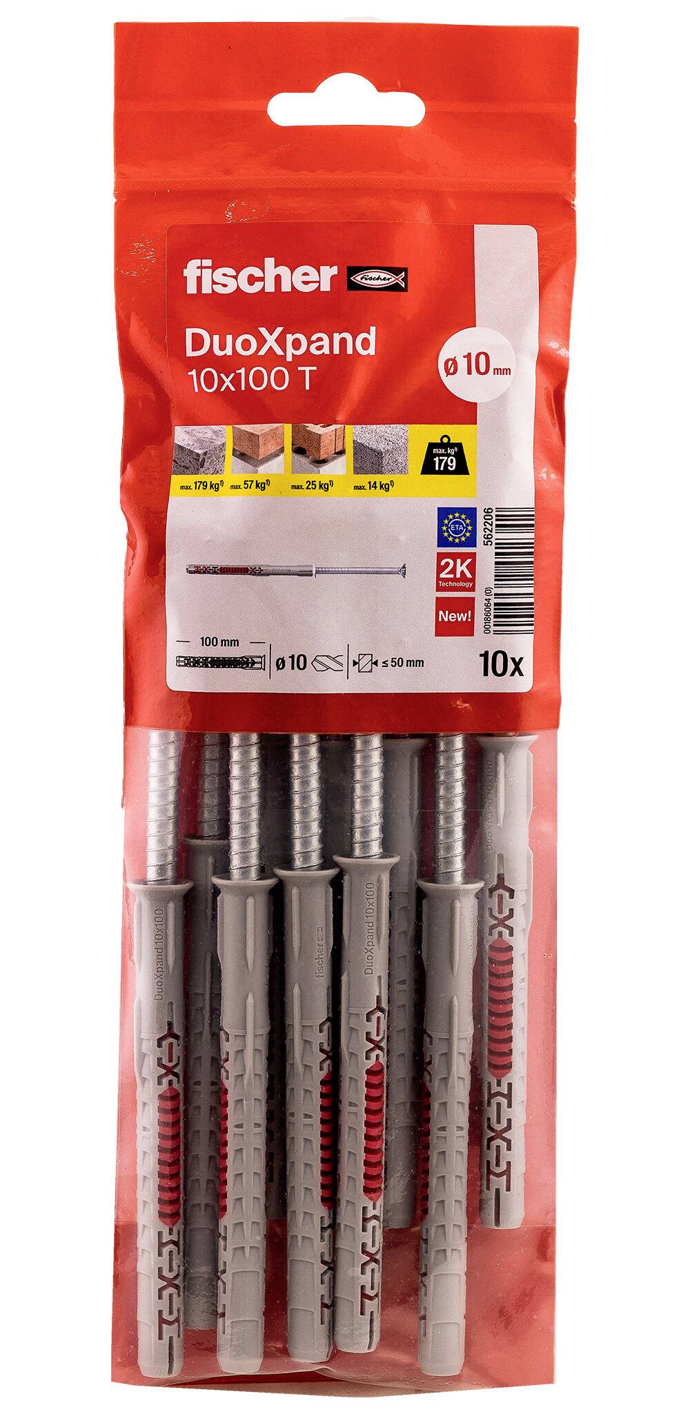 Rotes Paket von Fischer DuoXpand Dübeln mit fünf silbernen Dübeln, die durch den klaren unteren Bereich sichtbar sind.
